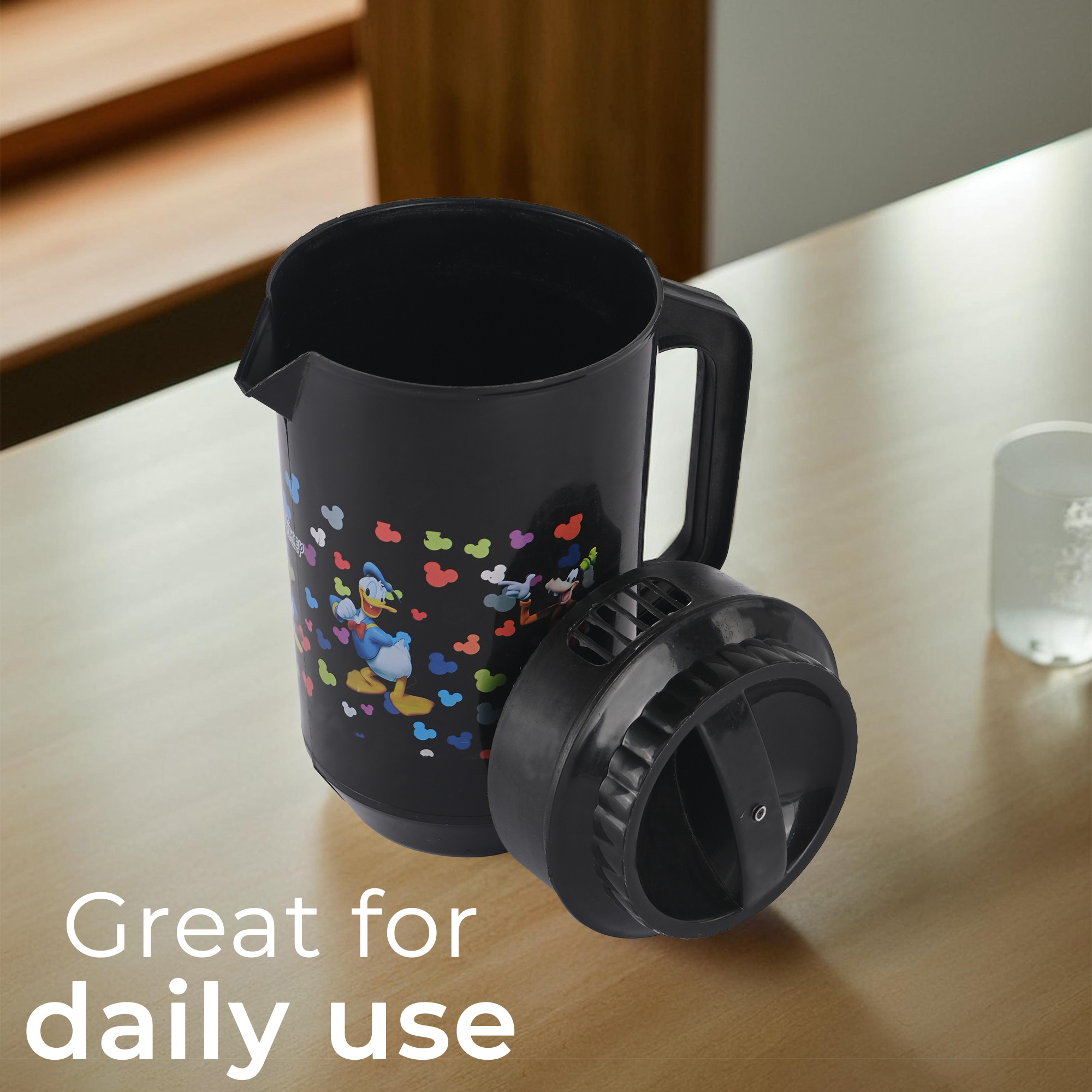 Kuber Industries  Plastic Jug for Kitchen  2 Ltr  Multipurpose Jug for Water Milk  Juice  Perfect for Daily Use in Kitchen Home Office  Events  Disney Team- Black