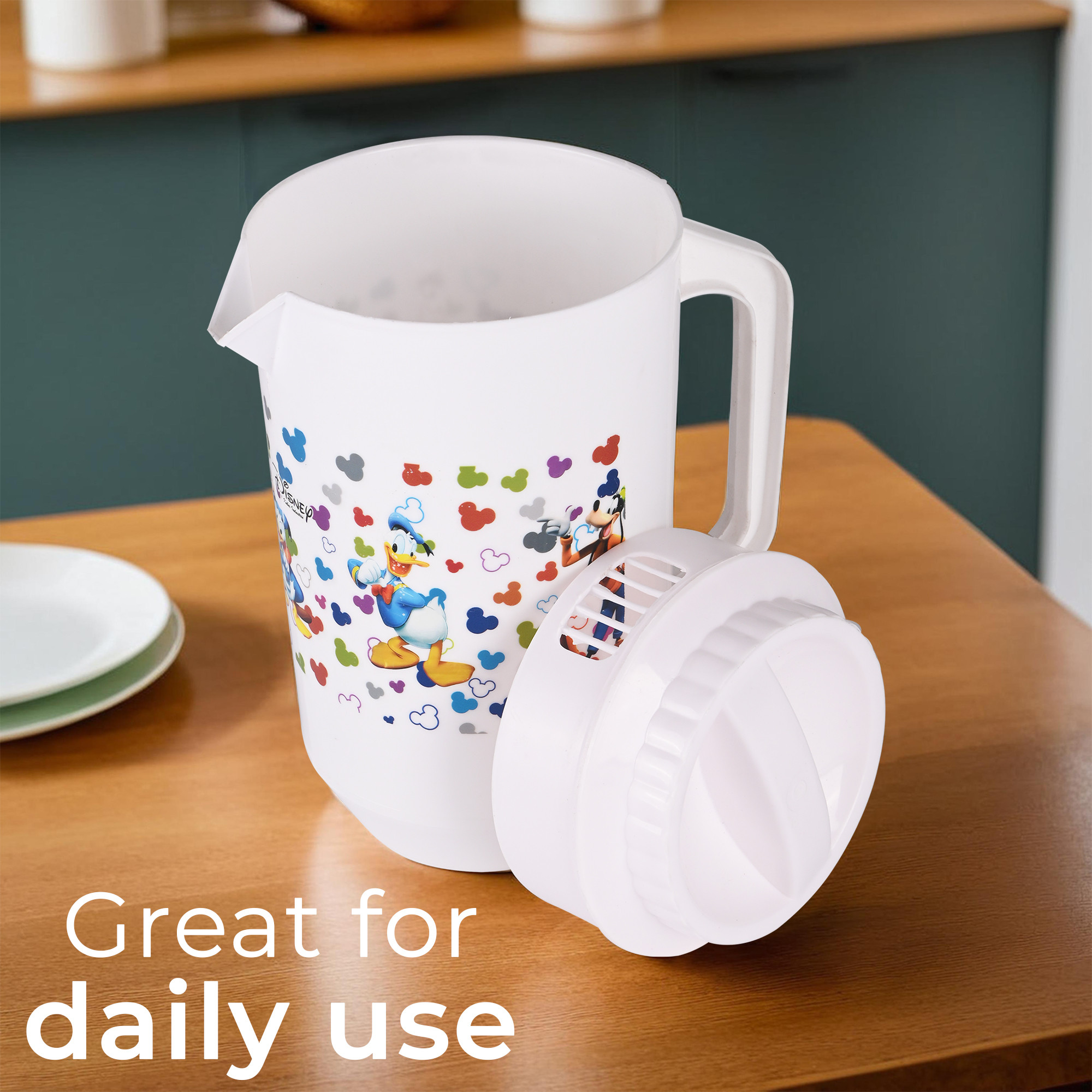 Kuber Industries  Plastic Jug for Kitchen  2 Ltr  Multipurpose Jug for Water Milk  Juice  Perfect for Daily Use in Kitchen Home Office  Events  Disney Team- White