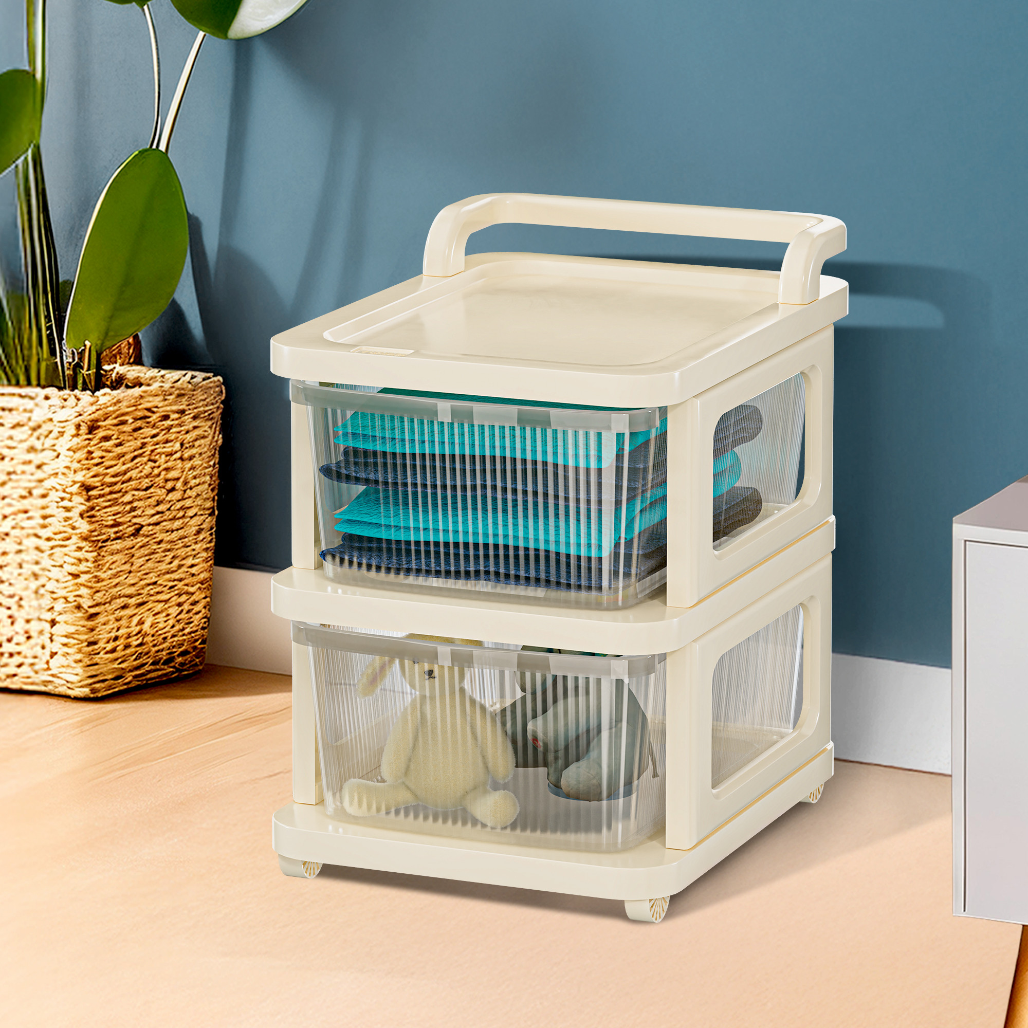 Kuber Industries  Plastic Modular Storage Drawer Organizer with Wheels  Chest of Drawer Storage Box for Living Room Office School and Home  Toys Organiser for Kids Room  Transparent Ivory