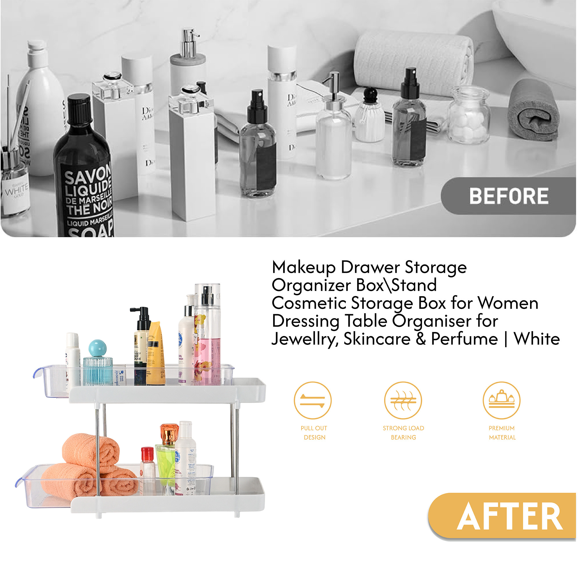 Kuber Industries  Polypropylene Clear Sliding Makeup Drawer Storage Organizer BoxStand  Cosmetic Storage Box for Women  Dressing Table Organiser for Jewellry Skincare  Perfume  White