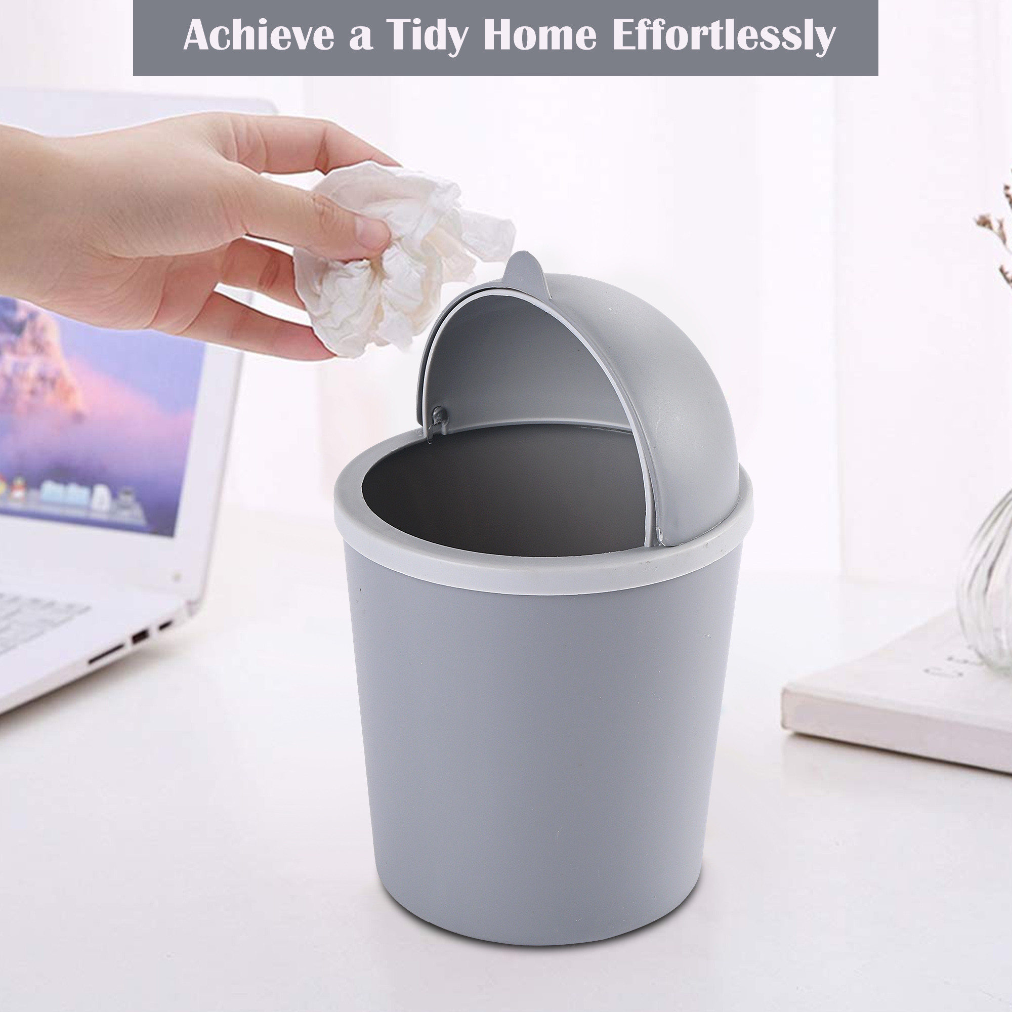Kuber Industries  Portable  1 Ltr Table Dustbin for Home  Office with Lid  Pedal  Lightweight Mini Dustbin for KitchenBedroom - Ideal for Desk  Countertops  Light Grey