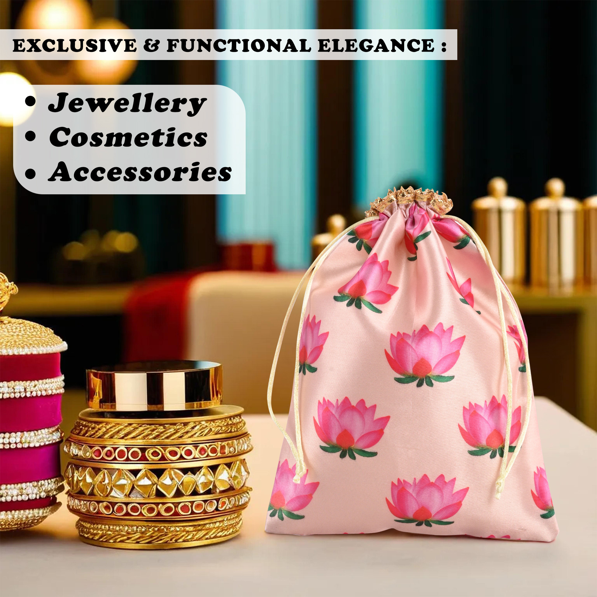 Kuber Industries  Potli Bags  7x  Potli Bags for Return Gifts  Wedding-Party Bags  Drawstring Closure Potli  Wallet Potli  Baby Shower Potli  Lotus Print  Cream