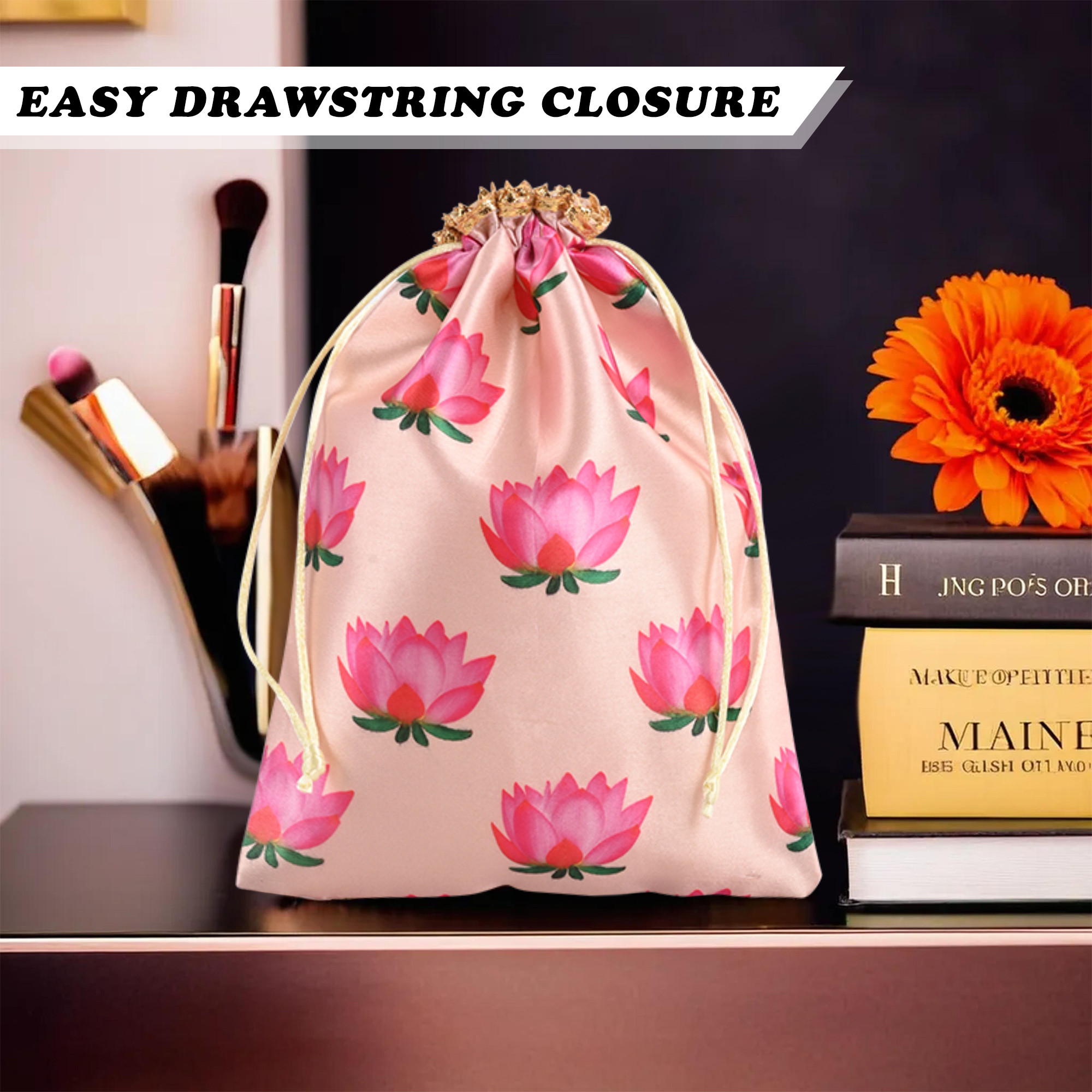 Kuber Industries  Potli Bags  7x  Potli Bags for Return Gifts  Wedding-Party Bags  Drawstring Closure Potli  Wallet Potli  Baby Shower Potli  Lotus Print  Cream