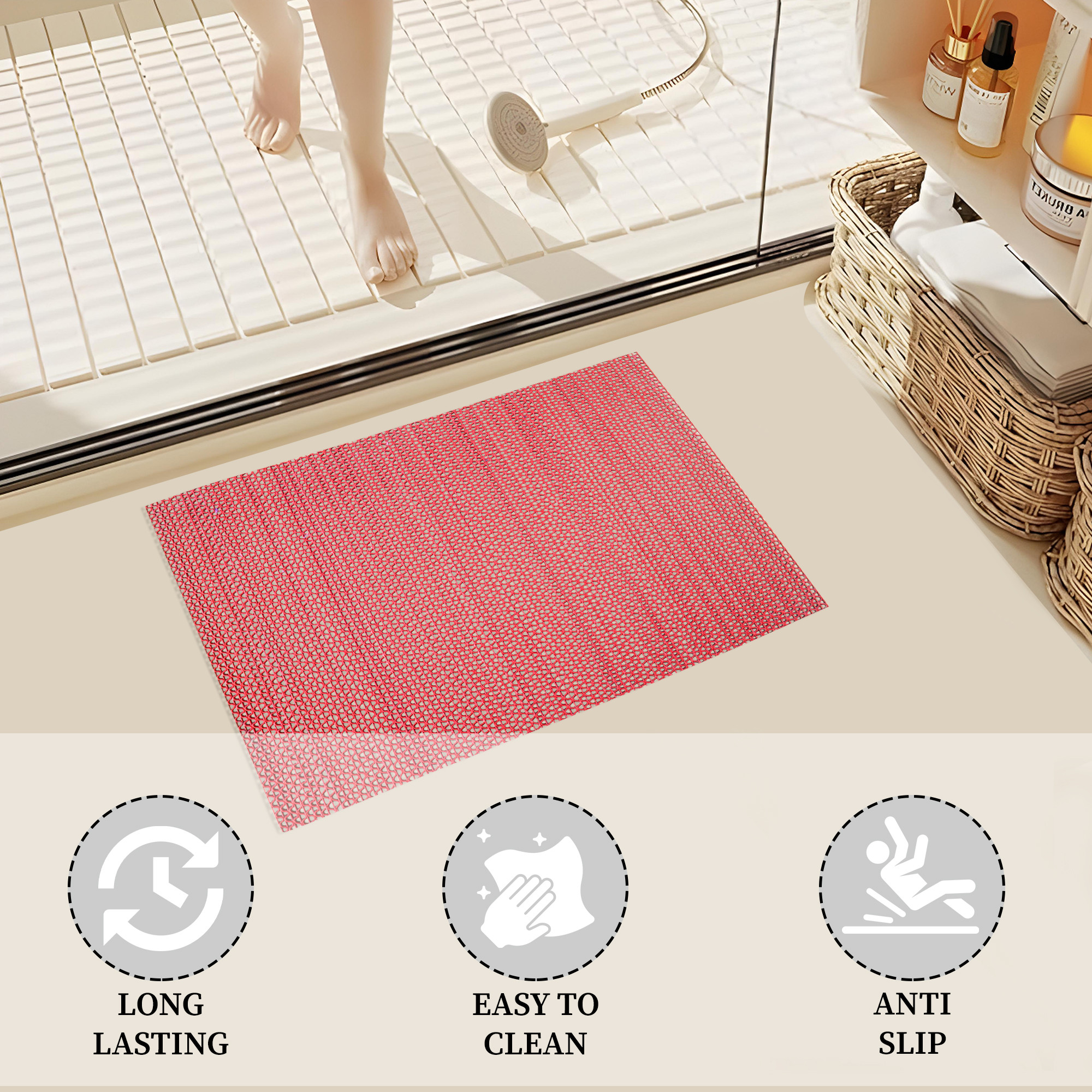 Kuber Industries  PVC Rubber Anti Skid  Multipurpose Bathing  Entrance Area Mat  Bathroom RugsCarpet Mats for Floor Swimming Pool Rainmat  Anti Slip ShowerFoot Mats  Red