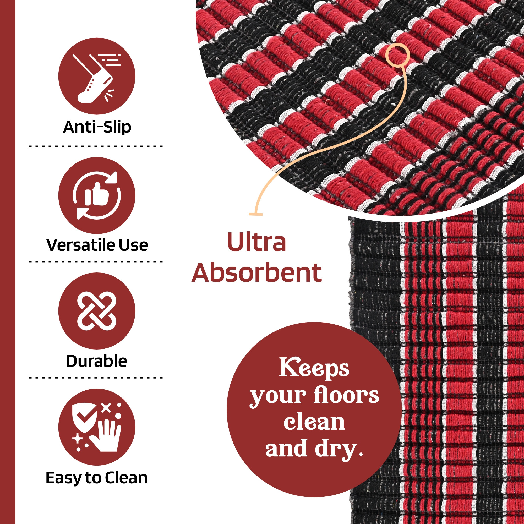 Kuber Industries  Rectangle Durable Door Mats for Home  Living Room  23x15 Inch Rainy Season Mats for Floor  Footmats for Bedroom Kitchen  Balcony  Strips - Red  Black