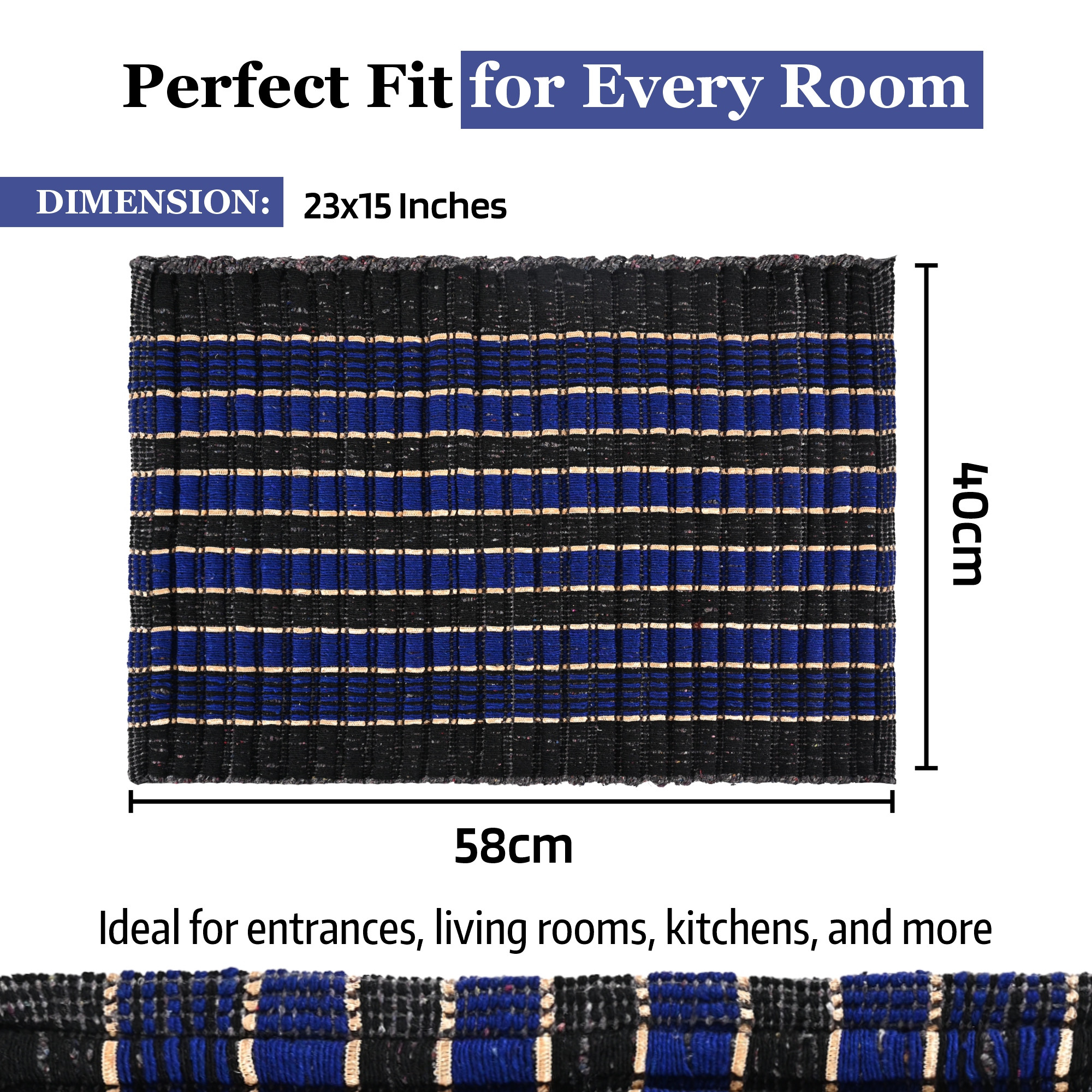 Kuber Industries  Rectangle Durable Door Mats for Home  Living Room  23x15 Inch Rainy Season Mats for Floor  Footmats for Bedroom Kitchen  Balcony  Strips - Blue  Black