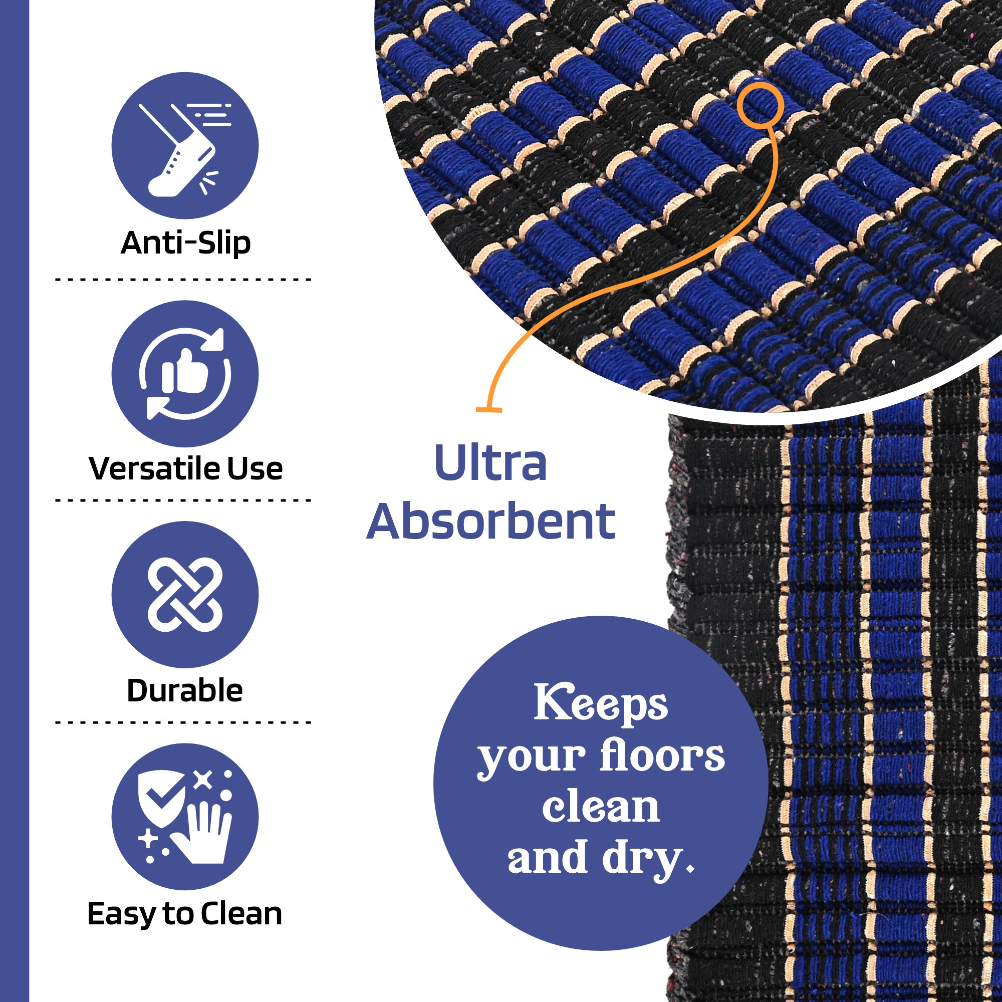 Kuber Industries  Rectangle Durable Door Mats for Home  Living Room  23x15 Inch Rainy Season Mats for Floor  Footmats for Bedroom Kitchen  Balcony  Strips - Blue  Black