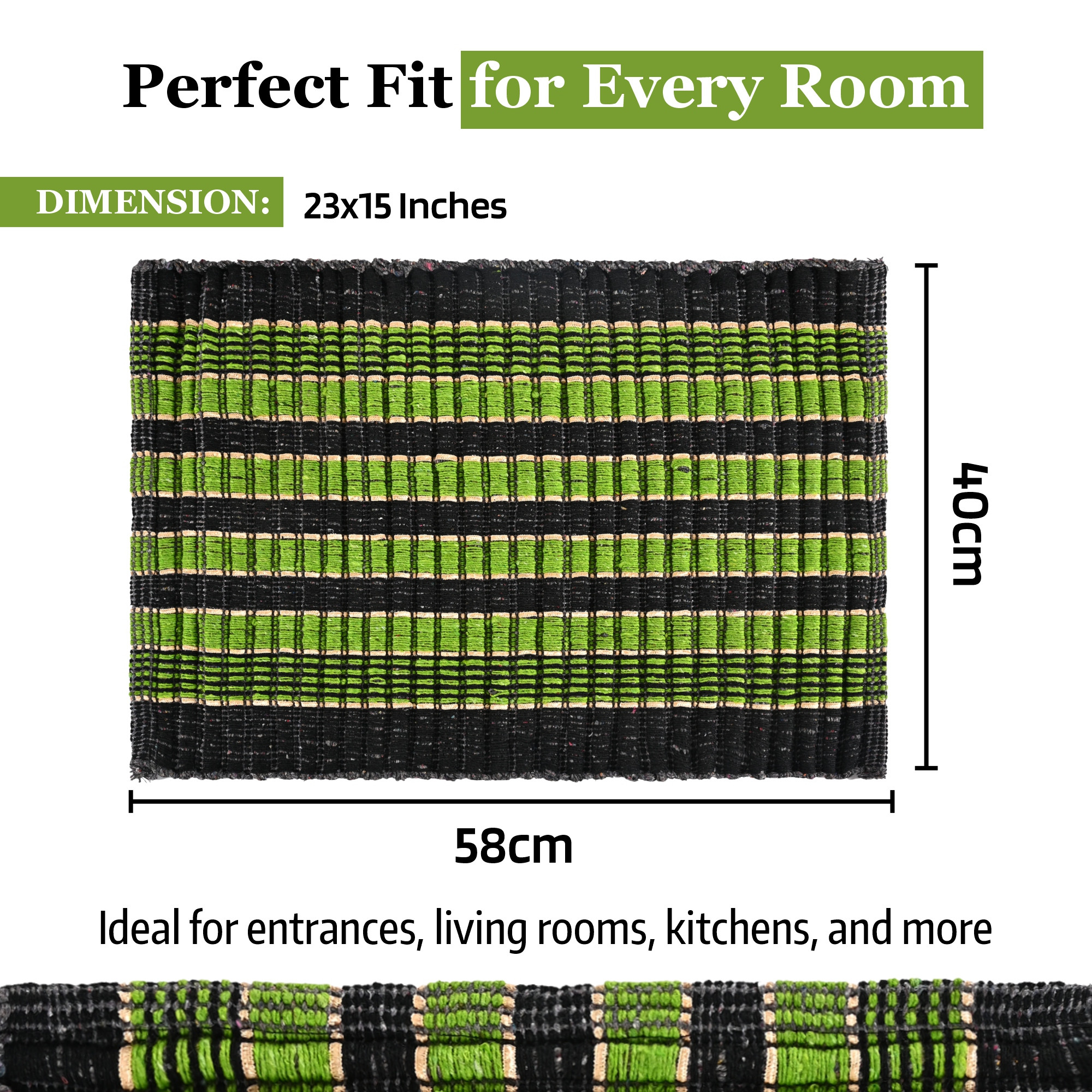 Kuber Industries  Rectangle Durable Door Mats for Home  Living Room  23x15 Inch Rainy Season Mats for Floor  Footmats for Bedroom Kitchen  Balcony  Strips - Green  Black