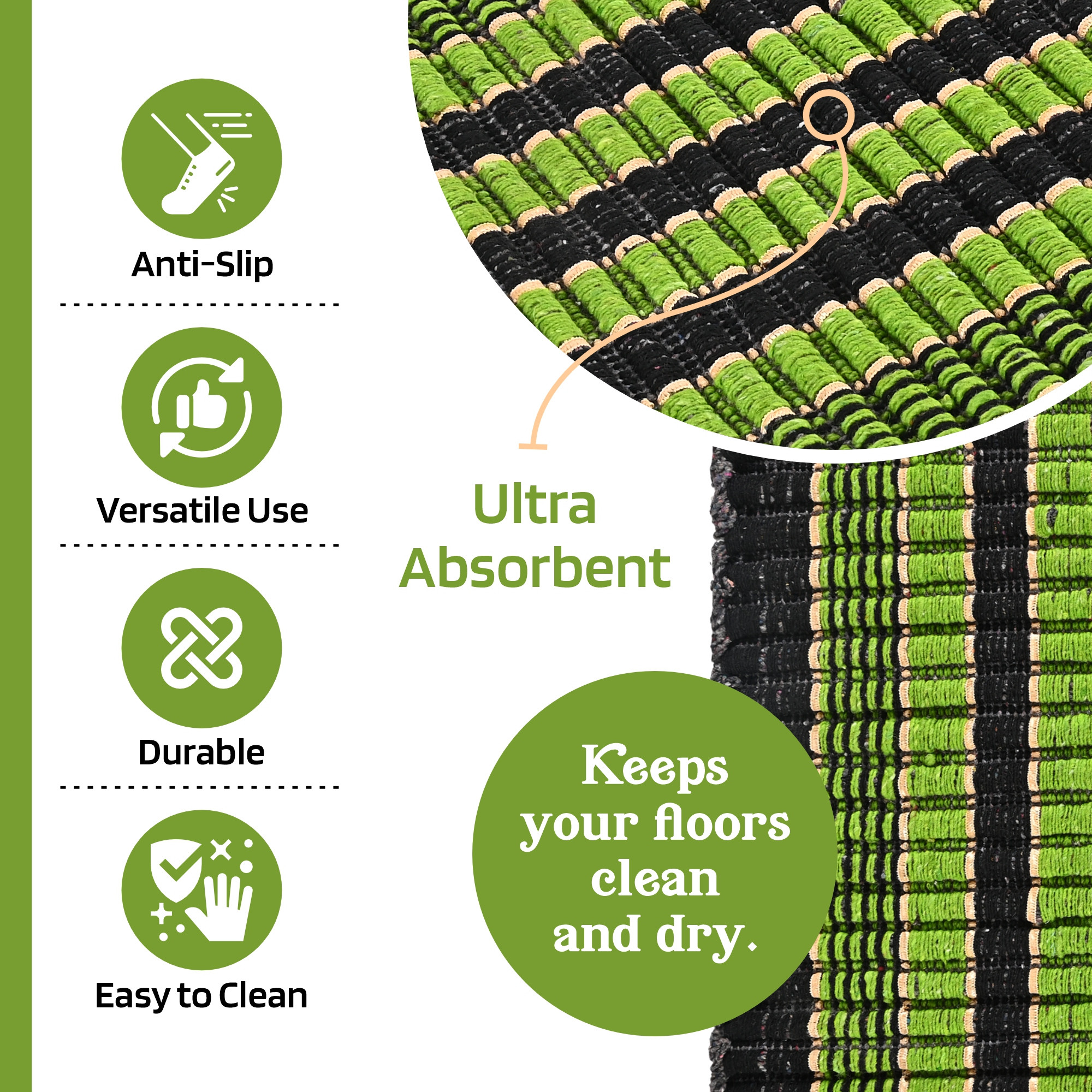Kuber Industries  Rectangle Durable Door Mats for Home  Living Room  23x15 Inch Rainy Season Mats for Floor  Footmats for Bedroom Kitchen  Balcony  Strips - Green  Black