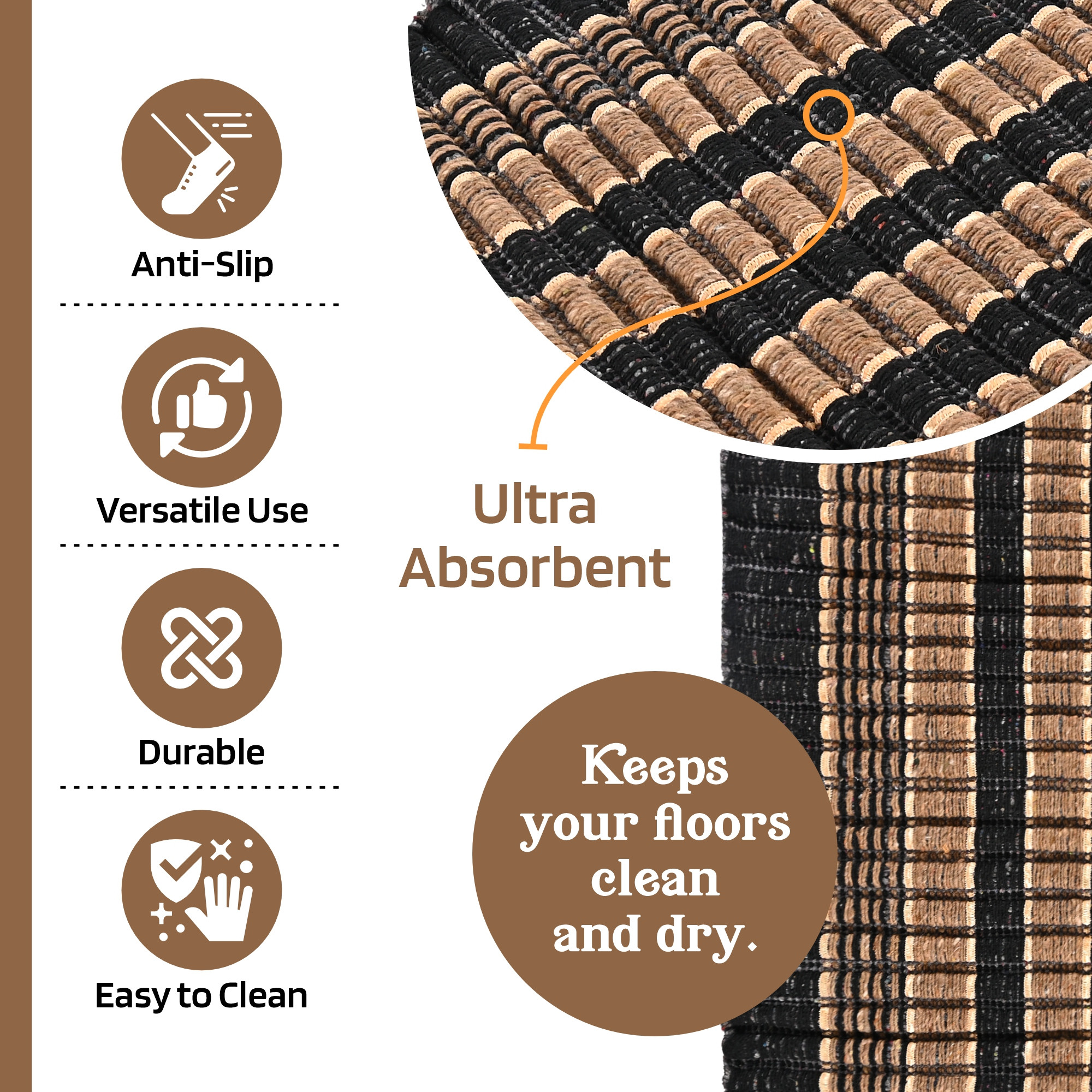 Kuber Industries  Rectangle Durable Door Mats for Home  Living Room  23x15 Inch Rainy Season Mats for Floor  Footmats for Bedroom Kitchen  Balcony  Strips - Brown  Black