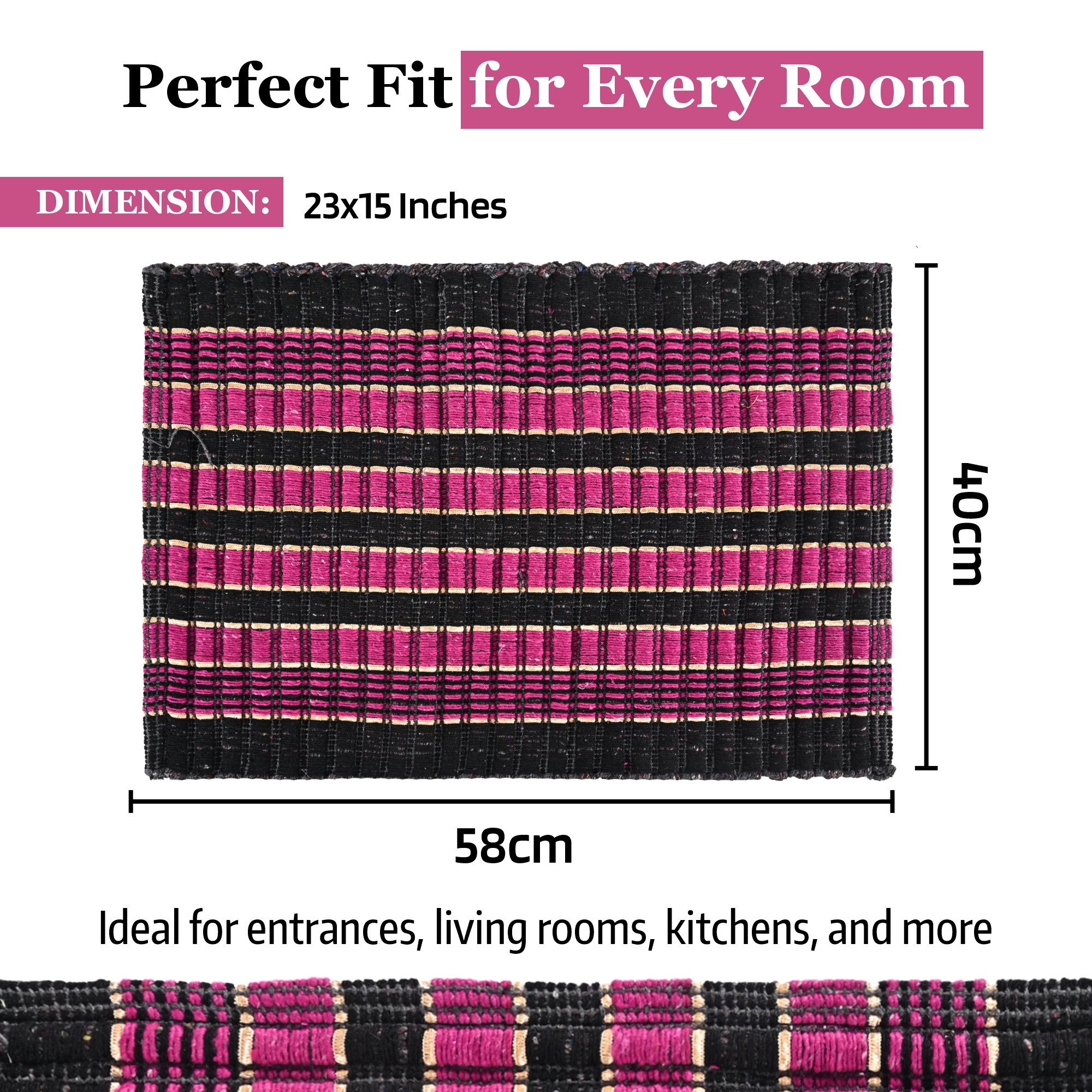 Kuber Industries  Rectangle Durable Door Mats for Home  Living Room  23x15 Inch Rainy Season Mats for Floor  Footmats for Bedroom Kitchen  Balcony  Strips - Gulabi  Black