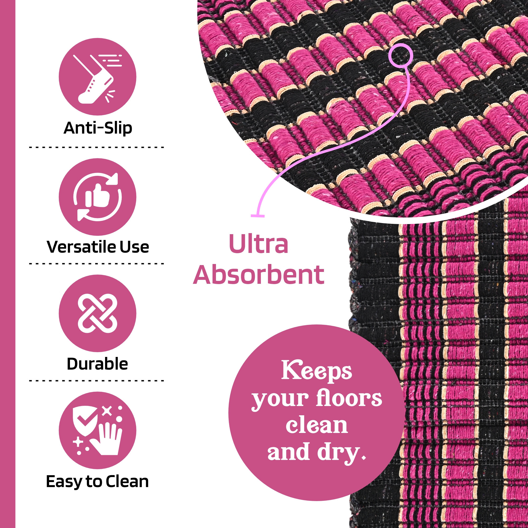 Kuber Industries  Rectangle Durable Door Mats for Home  Living Room  23x15 Inch Rainy Season Mats for Floor  Footmats for Bedroom Kitchen  Balcony  Strips - Gulabi  Black