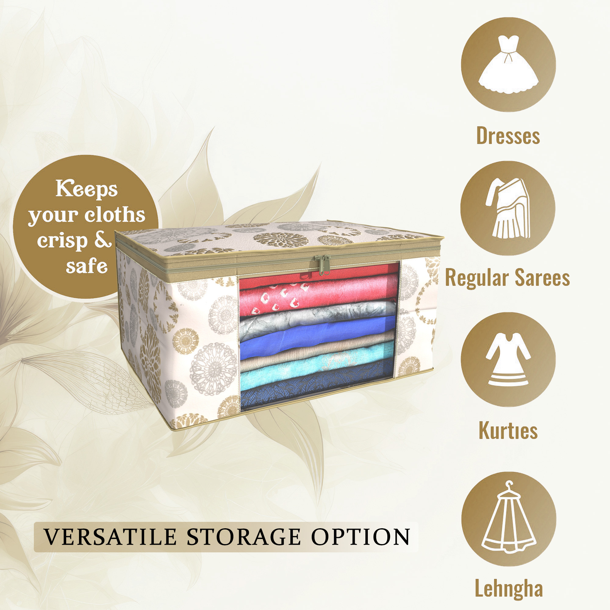 Kuber Industries  Saree Covers  Non-Woven Saree Bags  Clothes Bag for Women  Foldable Storage Bag for Almirah  Wardrobe Gola-Printed Sari Cover Bags  White