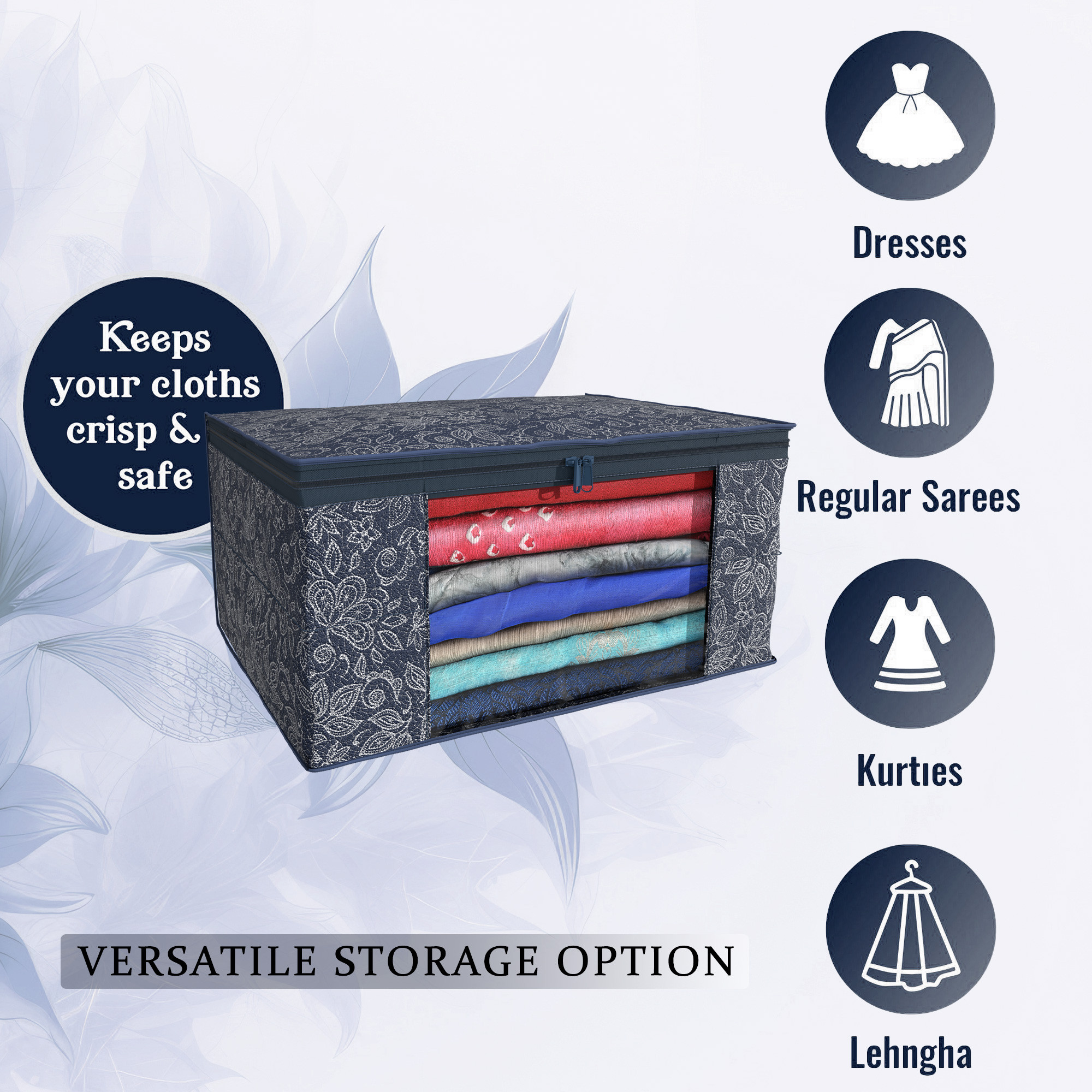 Kuber Industries  Saree Covers  Non-Woven Saree Bags  Clothes Bag for Women  Foldable Storage Bag for Almirah  Wardrobe Flower Print Sari Cover Bags  Navy Blue