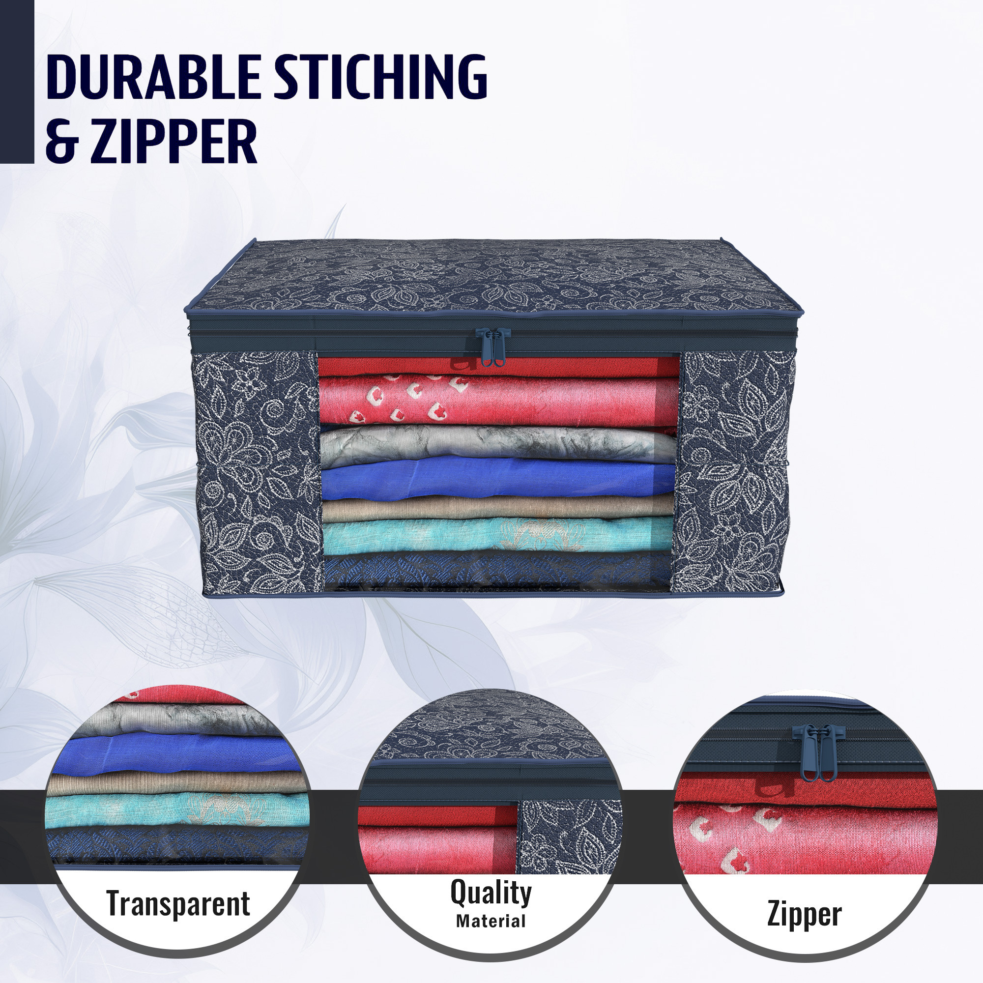 Kuber Industries  Saree Covers  Non-Woven Saree Bags  Clothes Bag for Women  Foldable Storage Bag for Almirah  Wardrobe Flower Print Sari Cover Bags  Navy Blue