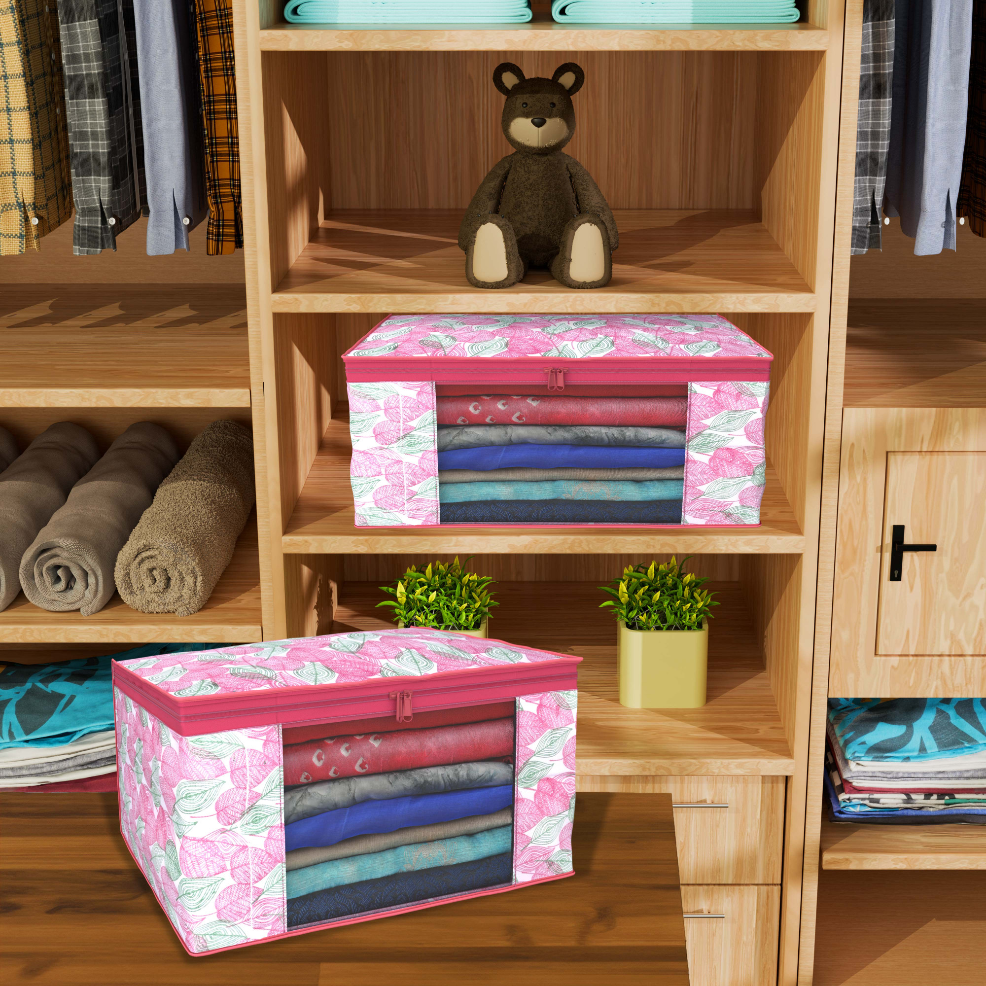 Kuber Industries  Saree Covers  Non-Woven Saree Bags  Clothes Bag for Women  Foldable Storage Bag for Almirah  Wardrobe Patta Print Sari Cover Bags  Pink