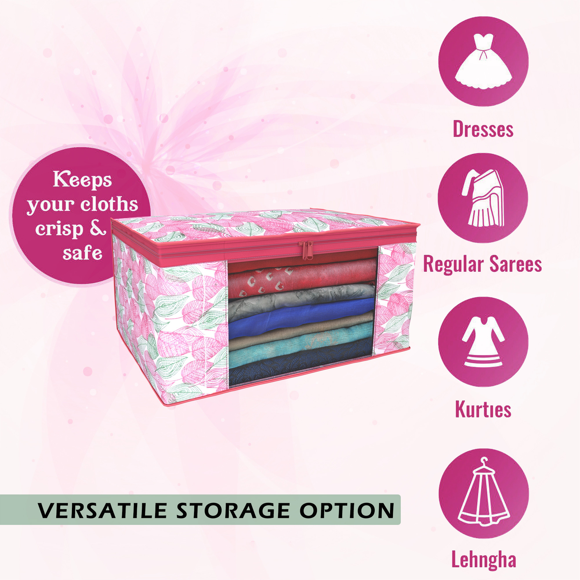 Kuber Industries  Saree Covers  Non-Woven Saree Bags  Clothes Bag for Women  Foldable Storage Bag for Almirah  Wardrobe Patta Print Sari Cover Bags  Pink