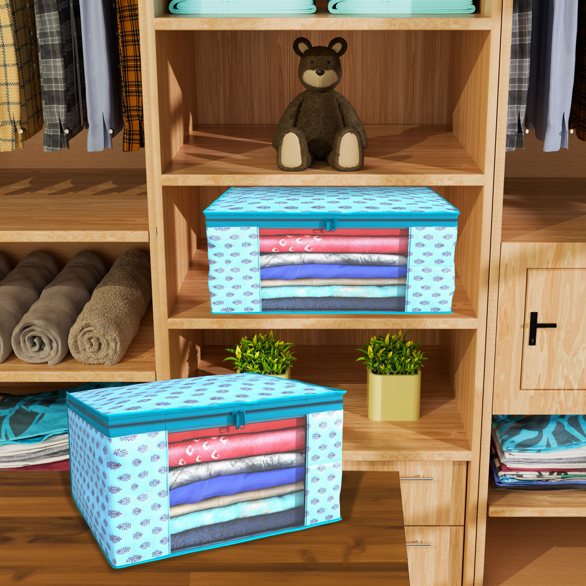 Kuber Industries  Saree Covers  Non-Woven Saree Bags  Clothes Bag for Women  Foldable Storage Bag for Almirah  Wardrobe Rangoli Print Sari Cover Bags  Blue