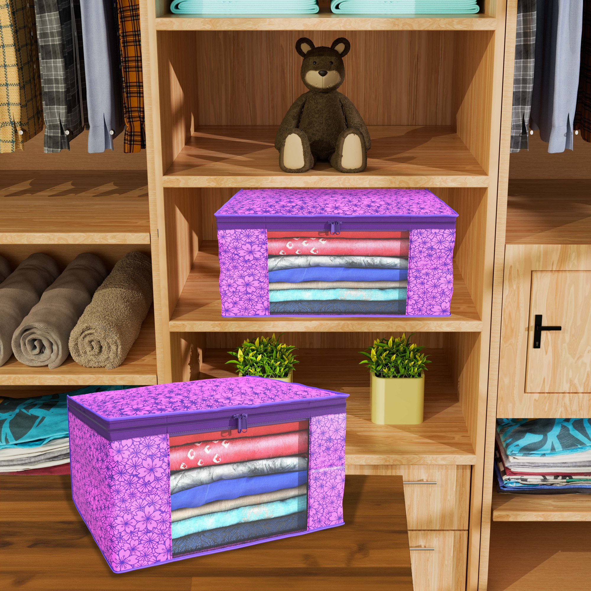 Kuber Industries  Saree Covers  Non-Woven Saree Bags  Clothes Bag for Women  Foldable Storage Bag for Almirah  Wardrobe Flower Print Sari Cover Bags  Purple