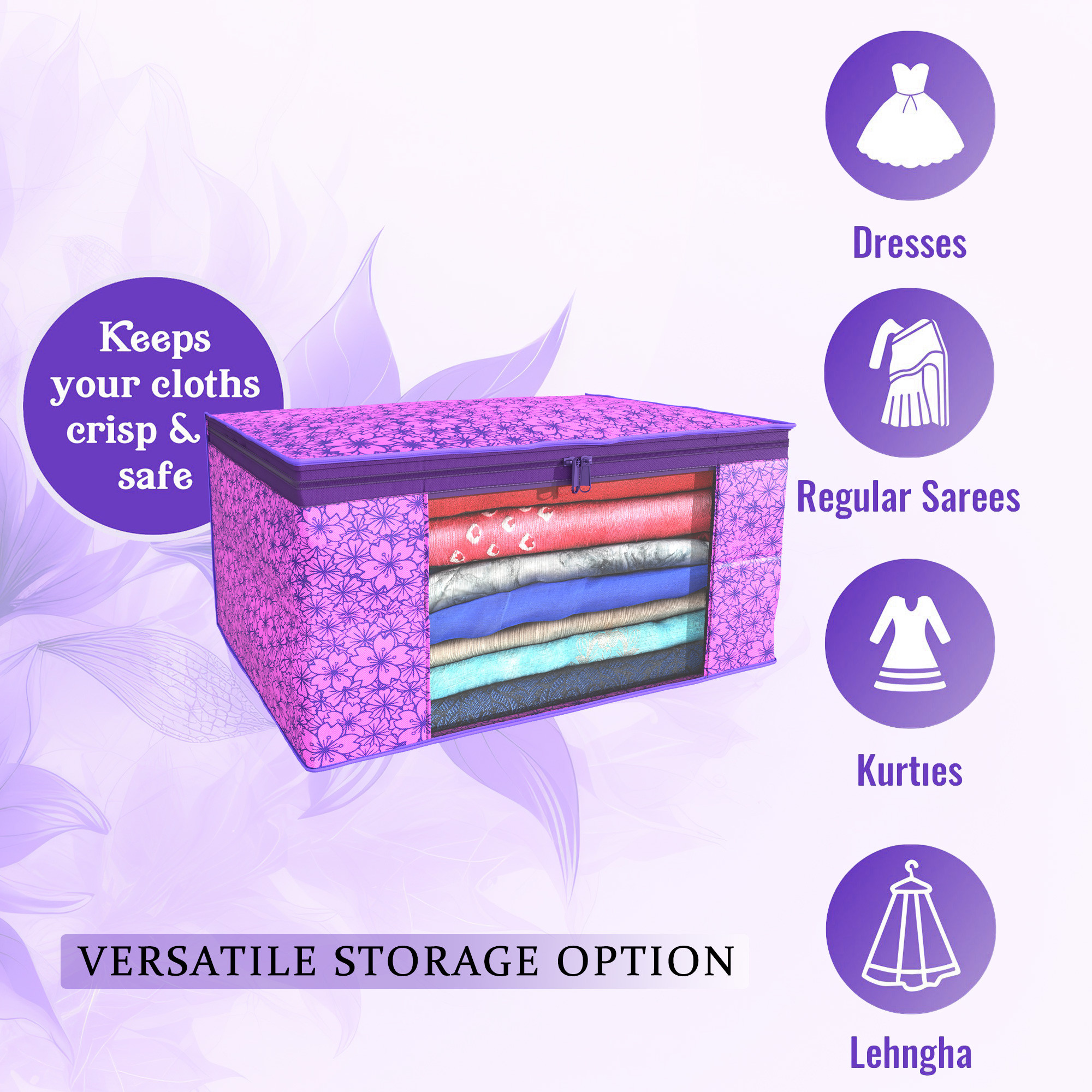 Kuber Industries  Saree Covers  Non-Woven Saree Bags  Clothes Bag for Women  Foldable Storage Bag for Almirah  Wardrobe Flower Print Sari Cover Bags  Purple