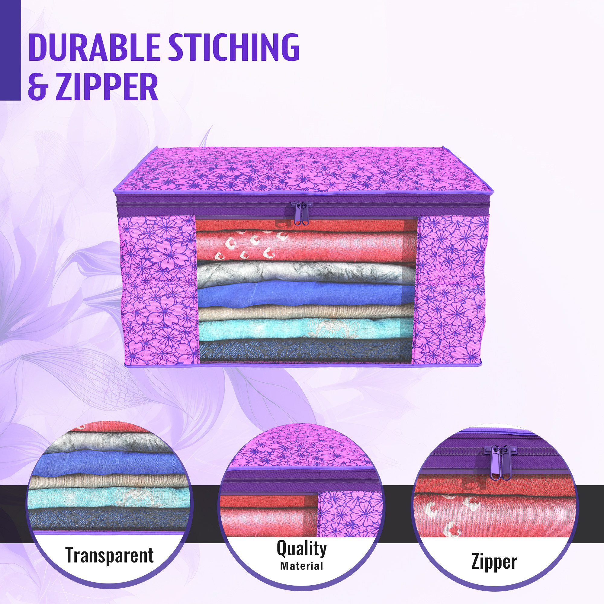 Kuber Industries  Saree Covers  Non-Woven Saree Bags  Clothes Bag for Women  Foldable Storage Bag for Almirah  Wardrobe Flower Print Sari Cover Bags  Purple