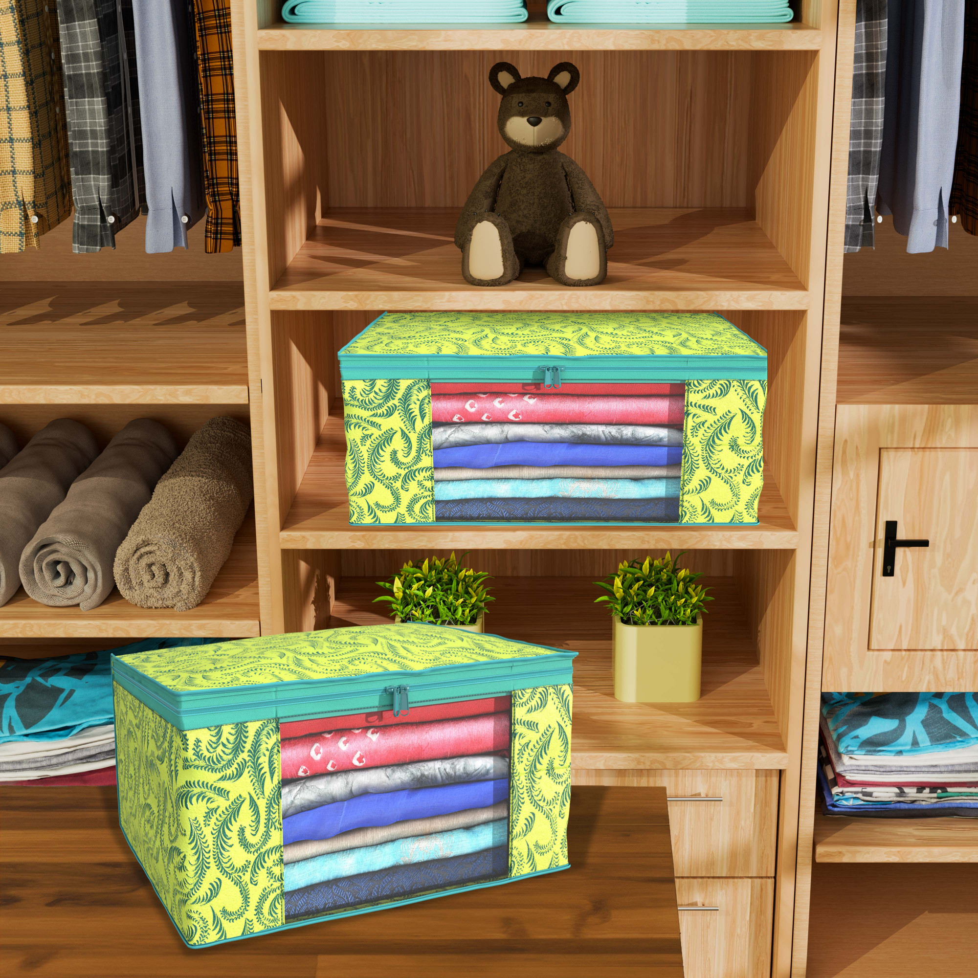 Kuber Industries  Saree Covers  Non-Woven Saree Bags  Clothes Bag for Women  Foldable Storage Bag for Almirah  Wardrobe Leaf Printed Sari Cover Bags  Green