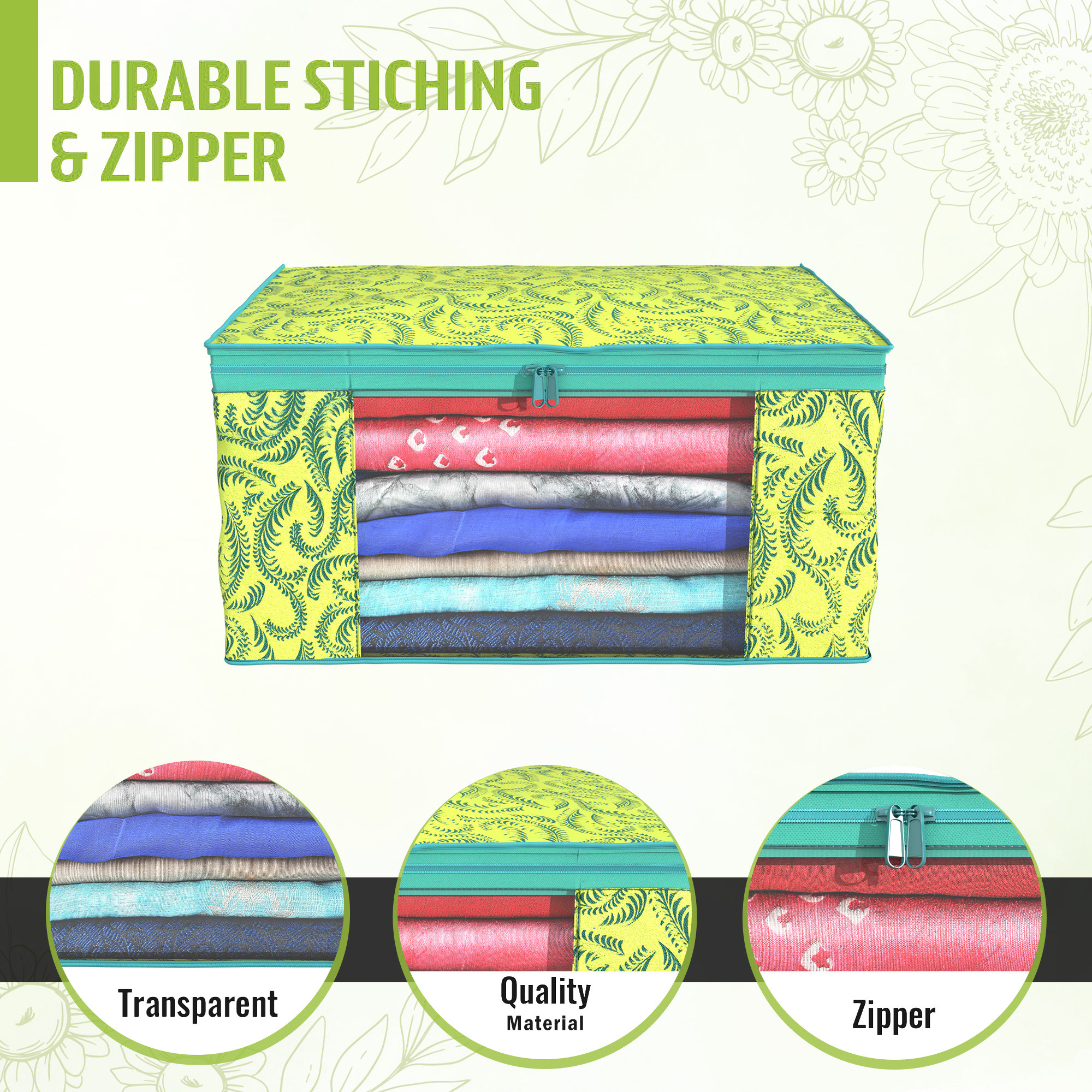 Kuber Industries  Saree Covers  Non-Woven Saree Bags  Clothes Bag for Women  Foldable Storage Bag for Almirah  Wardrobe Leaf Printed Sari Cover Bags  Green