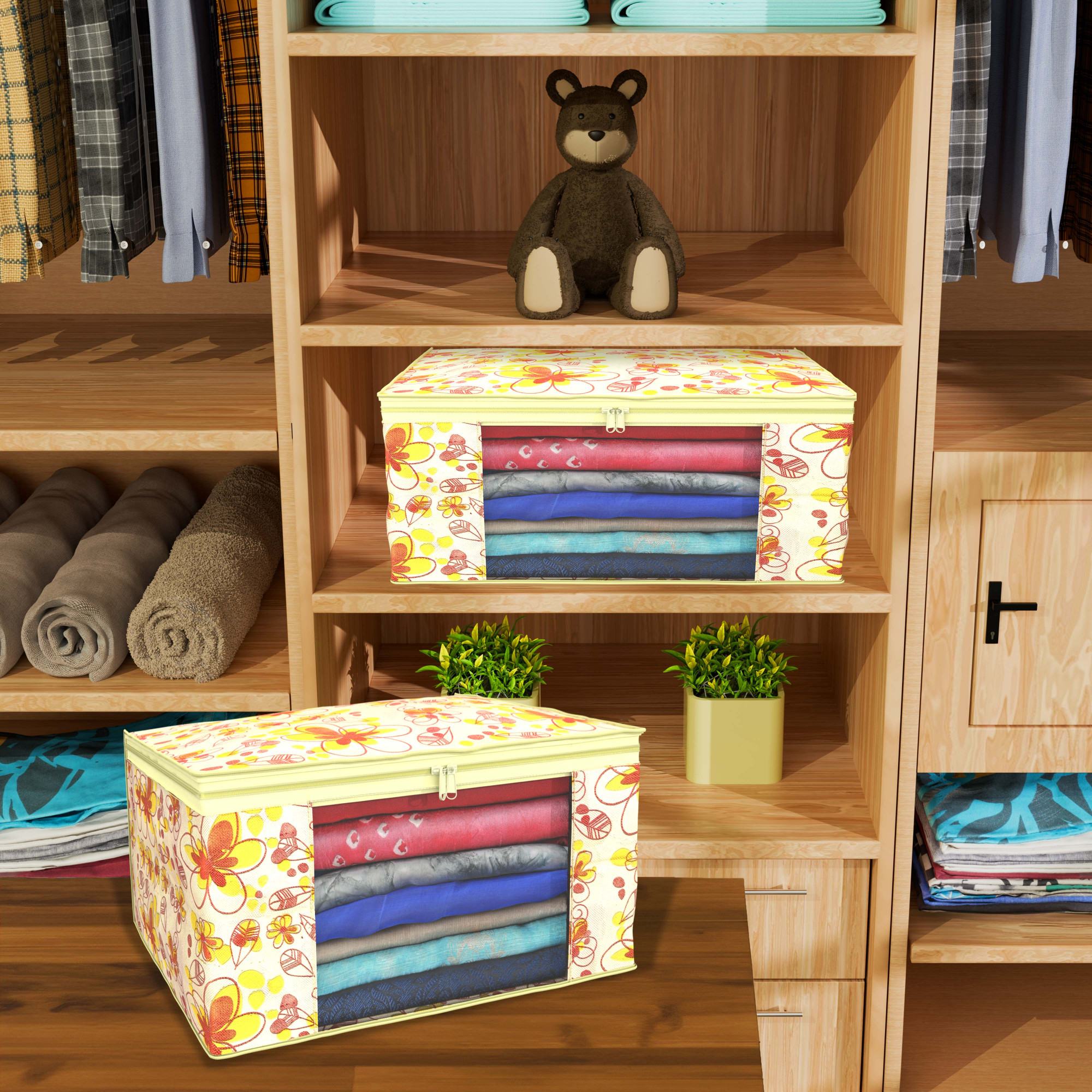 Kuber Industries  Saree Covers  Non-Woven Saree Bags  Clothes Bag for Women  Foldable Storage Bag for Almirah  Wardrobe Red Printed Sari Cover Bags  Ivory