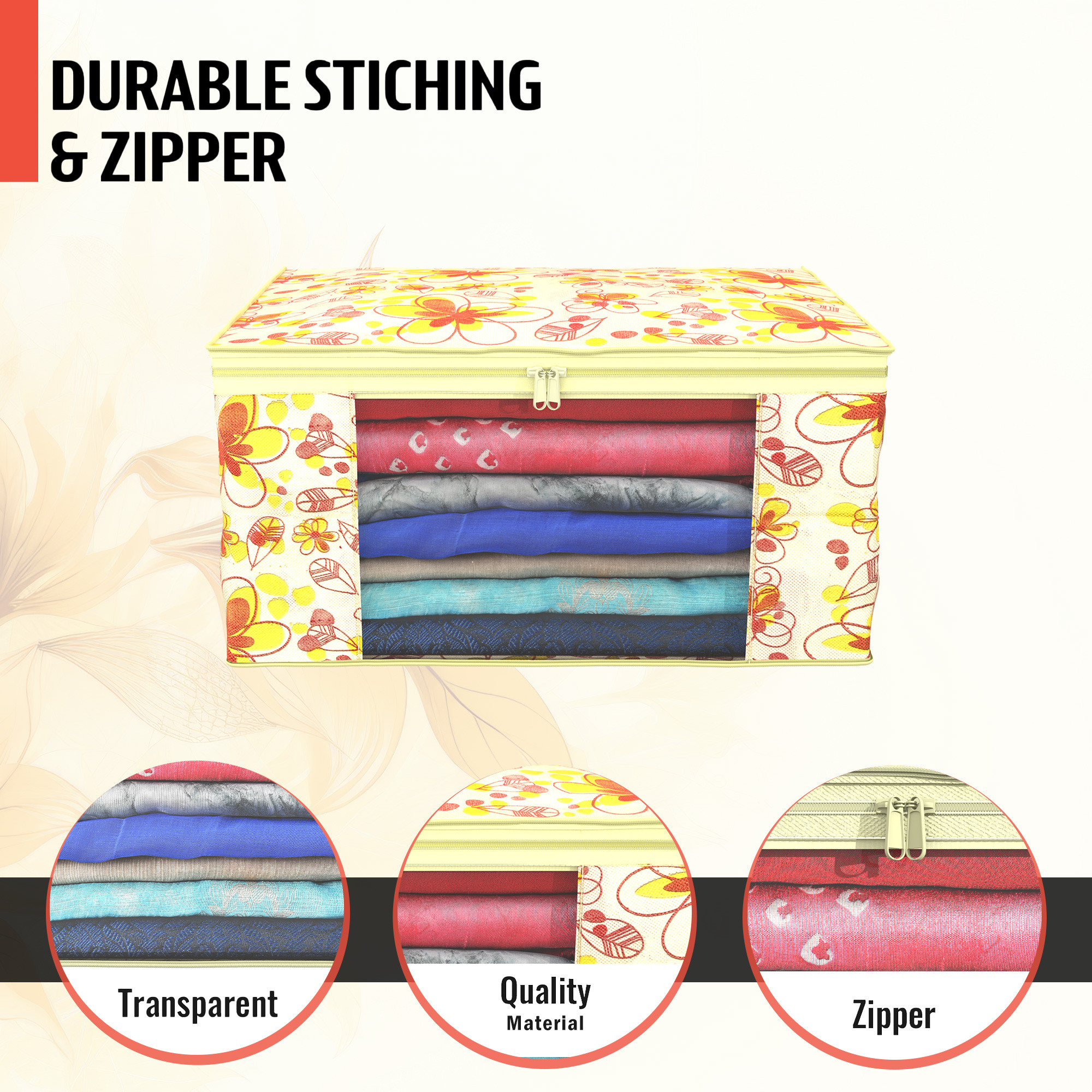 Kuber Industries  Saree Covers  Non-Woven Saree Bags  Clothes Bag for Women  Foldable Storage Bag for Almirah  Wardrobe Red Printed Sari Cover Bags  Ivory