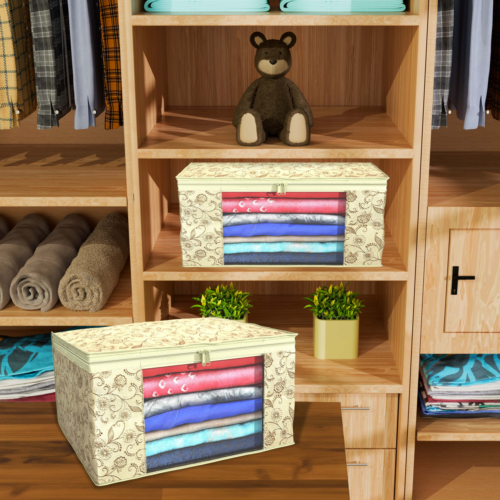 Kuber Industries  Saree Covers  Non-Woven Saree Bags  Clothes Bag for Women  Foldable Storage Bag for Almirah  Wardrobe Leaf Printed Sari Cover Bags  Cream