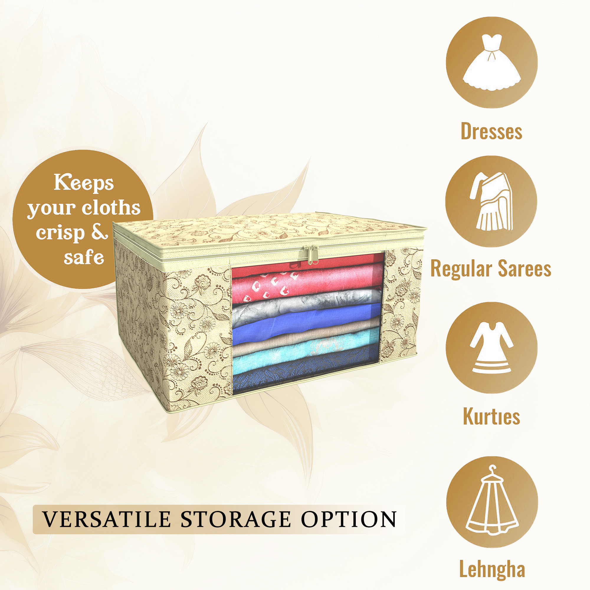 Kuber Industries  Saree Covers  Non-Woven Saree Bags  Clothes Bag for Women  Foldable Storage Bag for Almirah  Wardrobe Leaf Printed Sari Cover Bags  Cream