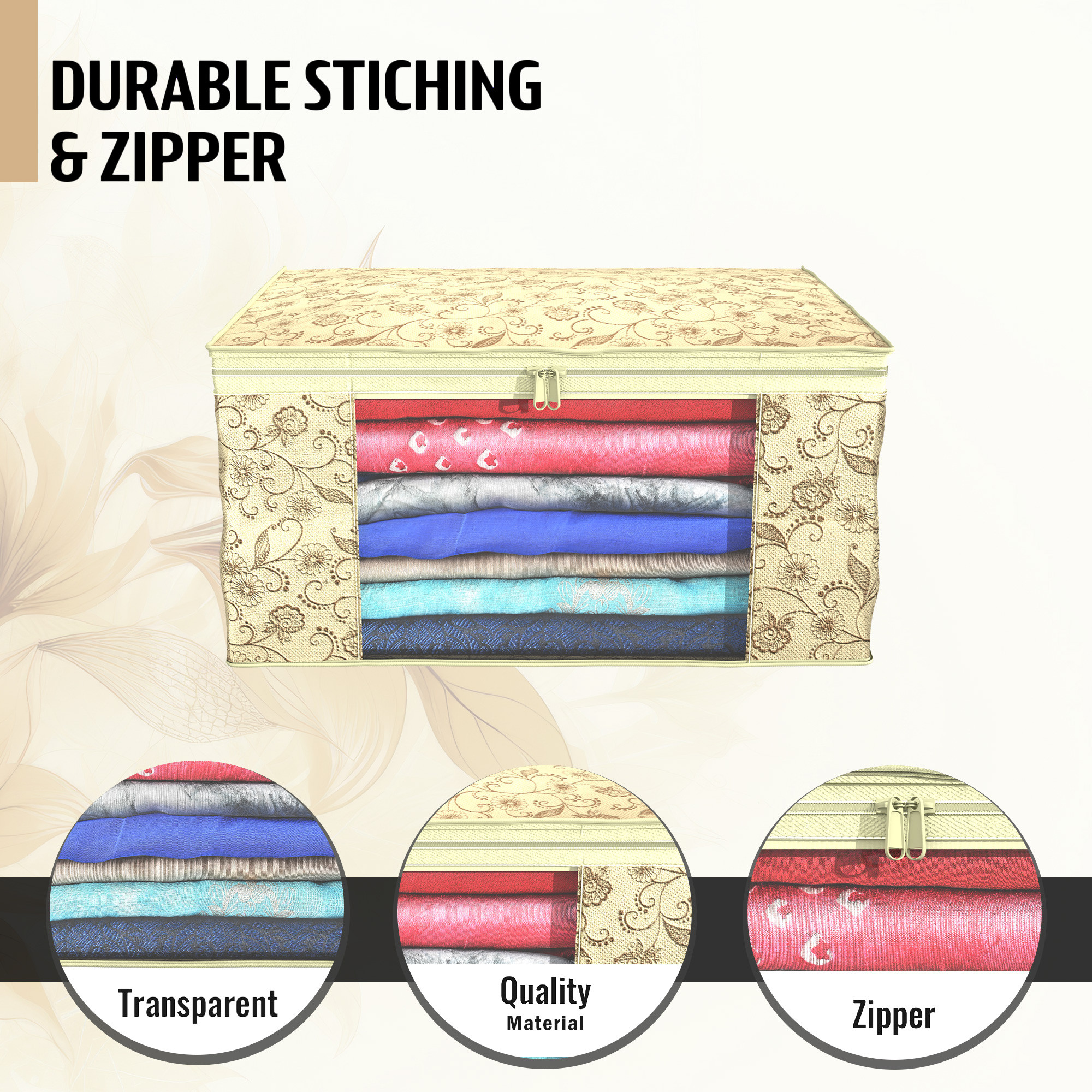 Kuber Industries  Saree Covers  Non-Woven Saree Bags  Clothes Bag for Women  Foldable Storage Bag for Almirah  Wardrobe Leaf Printed Sari Cover Bags  Cream