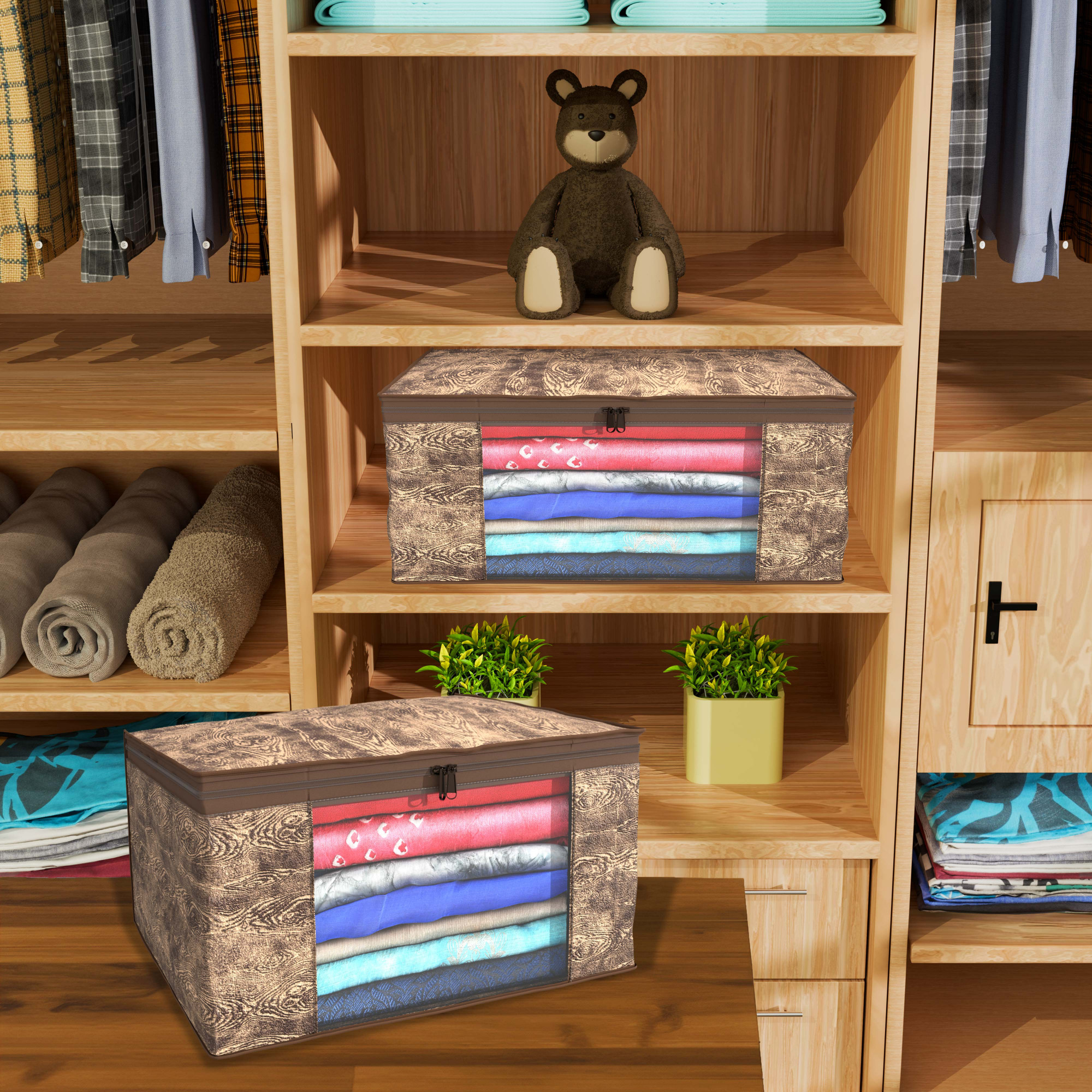 Kuber Industries  Saree Covers  Non-Woven Saree Bags  Clothes Bag for Women  Foldable Storage Bag for Almirah  Wardrobe Wooden Print Sari Cover Bags  Brown