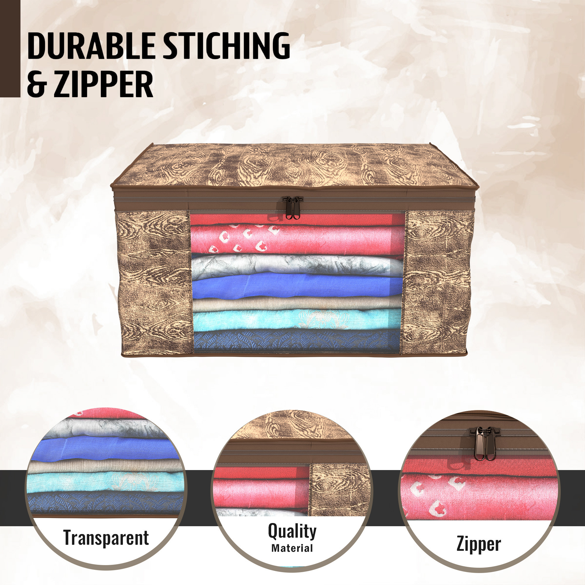 Kuber Industries  Saree Covers  Non-Woven Saree Bags  Clothes Bag for Women  Foldable Storage Bag for Almirah  Wardrobe Wooden Print Sari Cover Bags  Brown