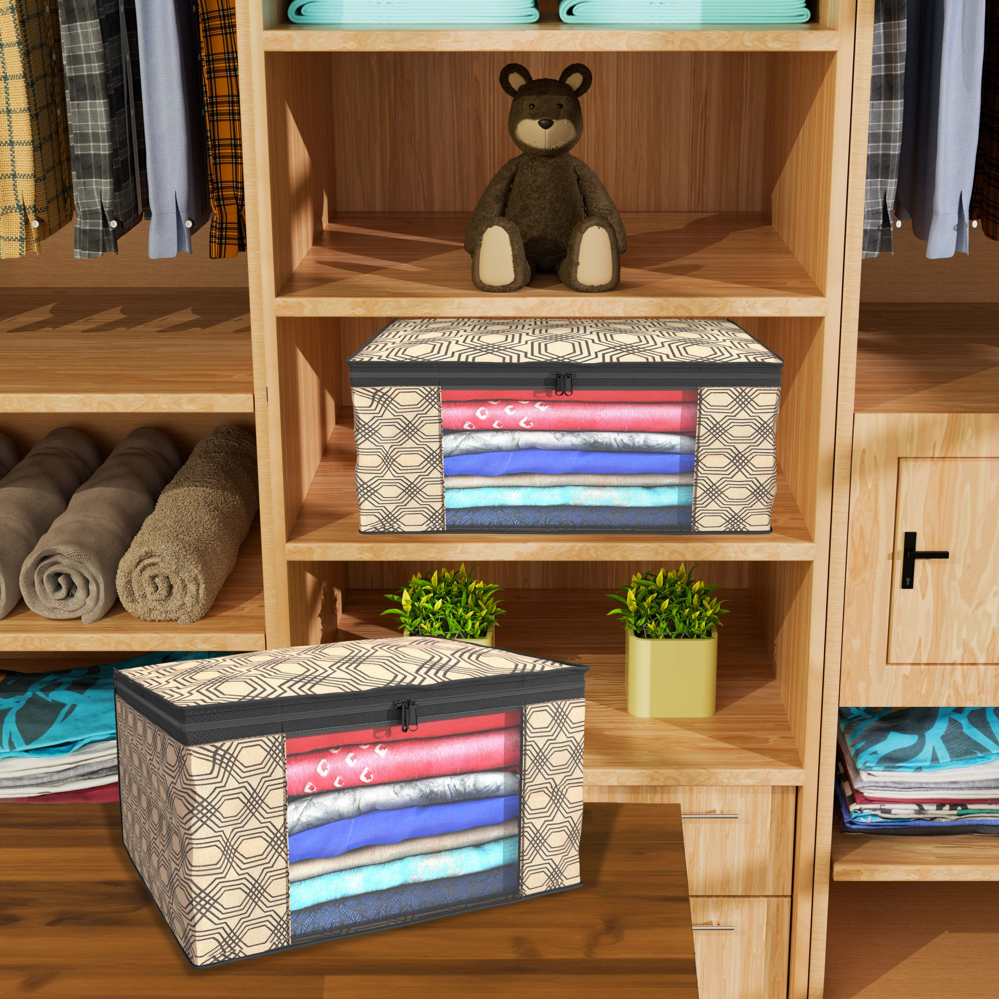 Kuber Industries  Saree Covers  Non-Woven Saree Bags  Clothes Bag for Women  Foldable Storage Bag for Almirah  Wardrobe Check Print Sari Cover Bags  Coffee