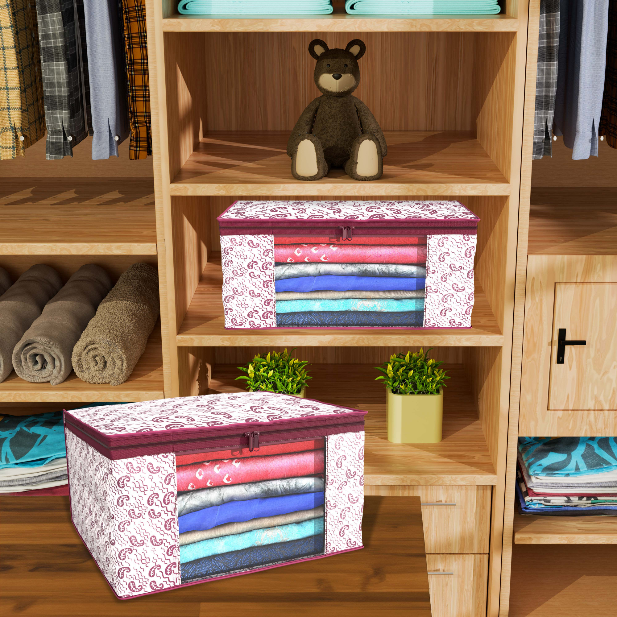 Kuber Industries  Saree Covers  Non-Woven Saree Bags  Clothes Bag for Women  Foldable Storage Bag for Almirah  Wardrobe Carry Printed Sari Cover Bags  Maroon