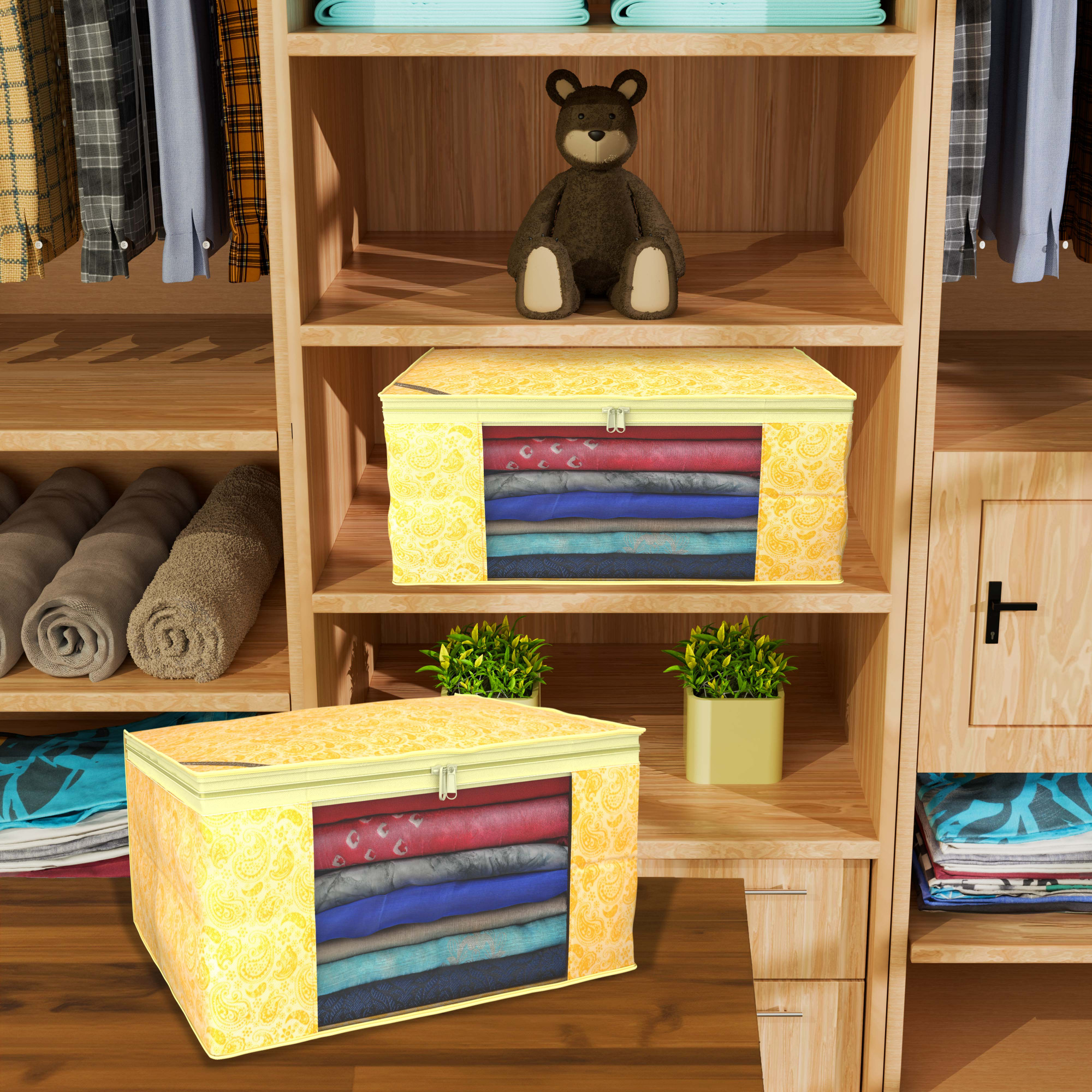 Kuber Industries  Saree Covers  Non-Woven Saree Bags  Clothes Bag for Women  Foldable Storage Bag for Almirah  Wardrobe Carry Printed Sari Cover Bags  Yellow