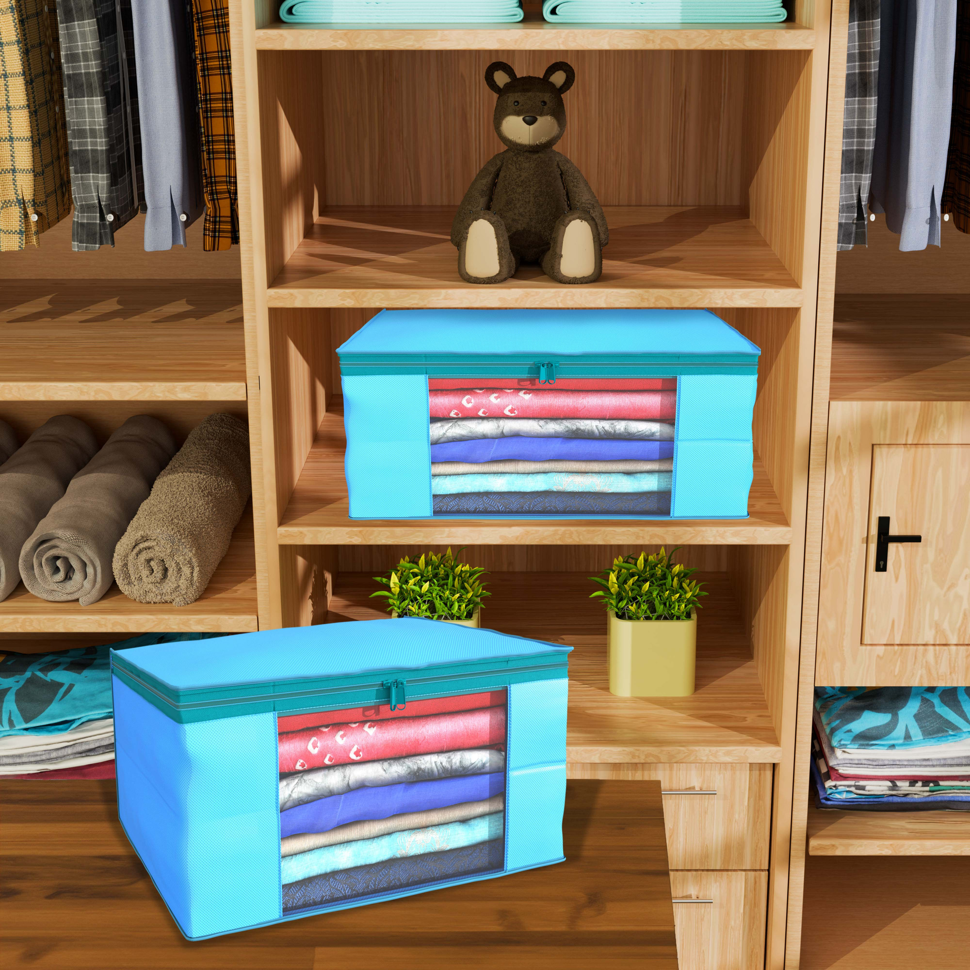 Kuber Industries  Saree Covers  Non-Woven Saree Bags  Clothes Bag for Women  Foldable Storage Bag for Almirah  Wardrobe Organizer  Sari Cover Bags  Light Blue