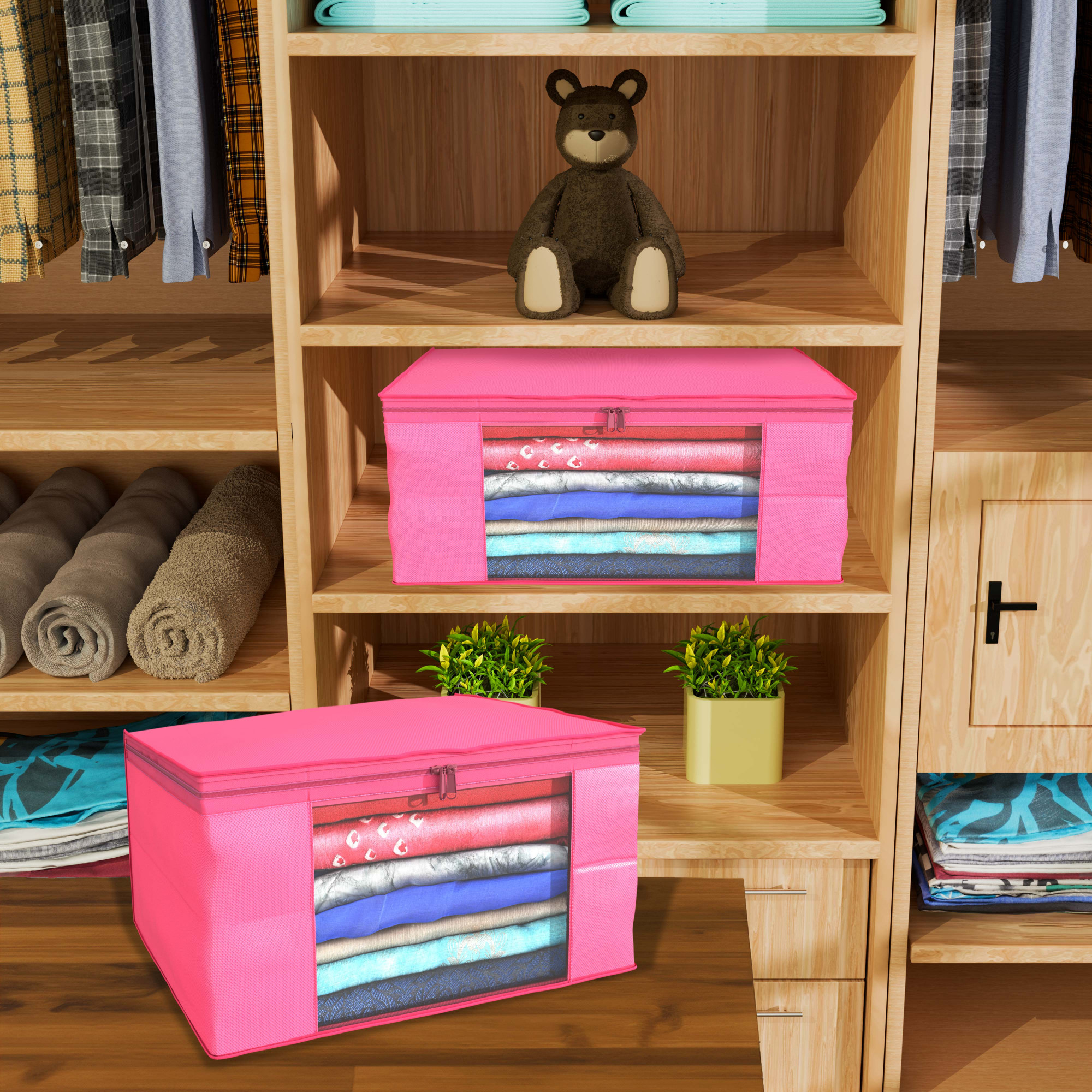 Kuber Industries  Saree Covers  Non-Woven Saree Bags  Clothes Bag for Women  Foldable Storage Bag for Almirah  Wardrobe Organizer  Sari Cover Bags  Pink