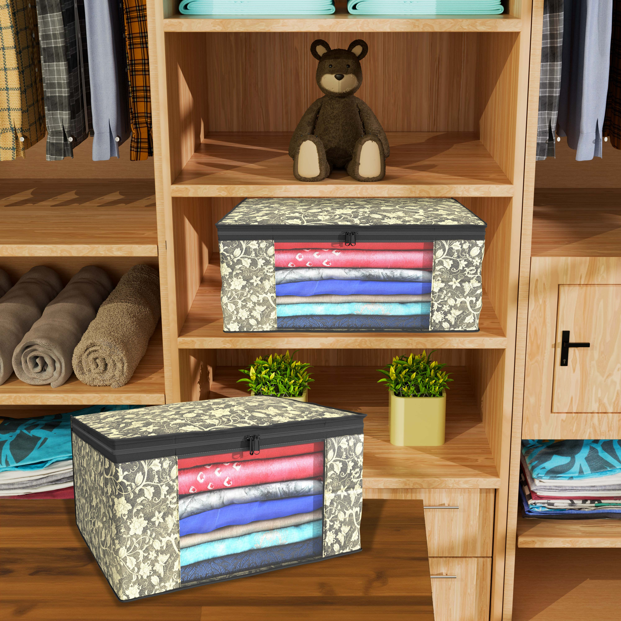 Kuber Industries  Saree Covers  Non-Woven Saree Bags  Clothes Bag for Women  Foldable Storage Bag for Almirah  Wardrobe New Flower Sari Cover Bags  Black