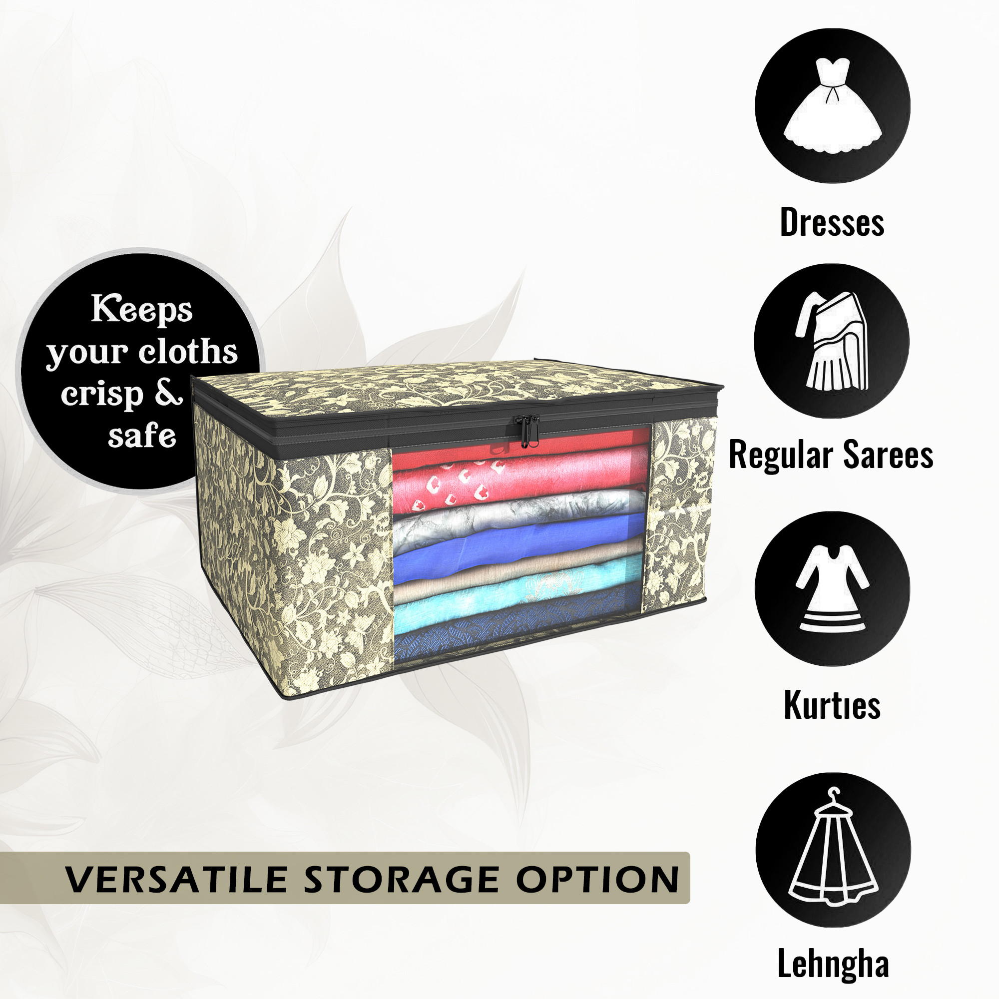 Kuber Industries  Saree Covers  Non-Woven Saree Bags  Clothes Bag for Women  Foldable Storage Bag for Almirah  Wardrobe New Flower Sari Cover Bags  Black