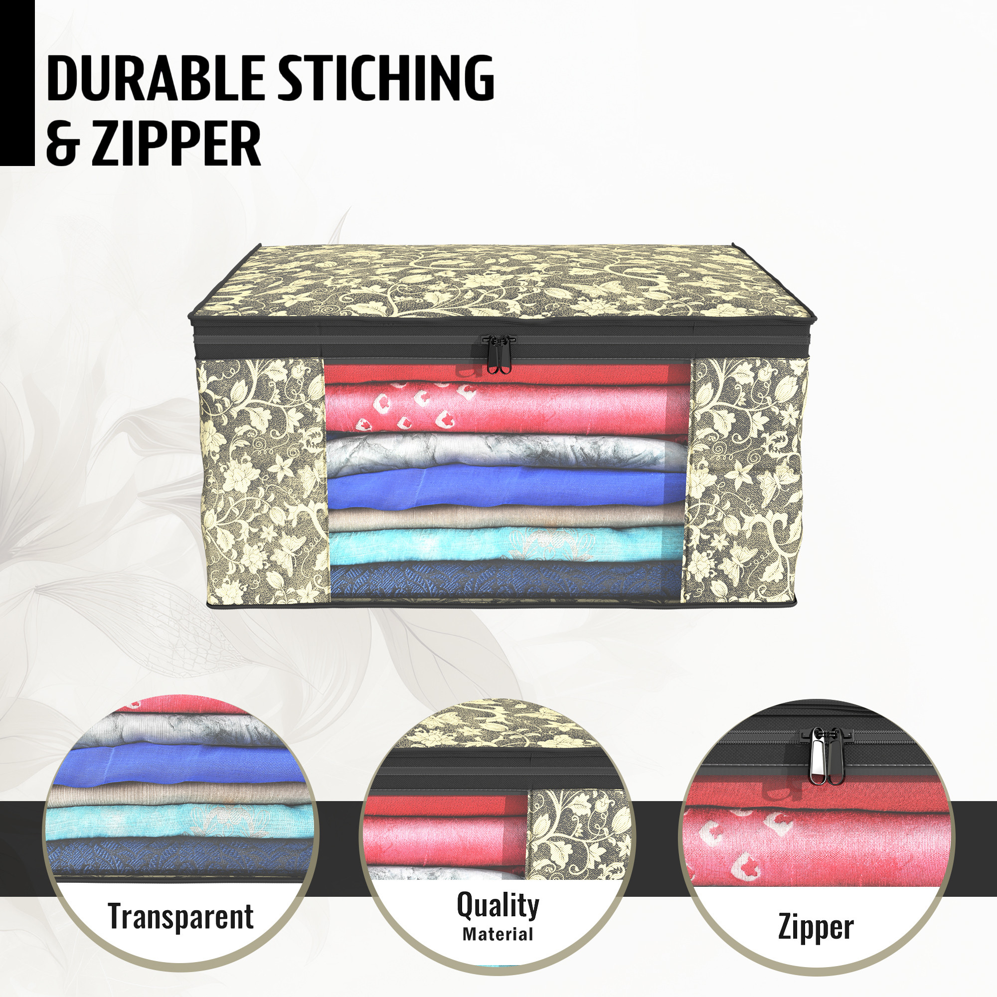 Kuber Industries  Saree Covers  Non-Woven Saree Bags  Clothes Bag for Women  Foldable Storage Bag for Almirah  Wardrobe New Flower Sari Cover Bags  Black