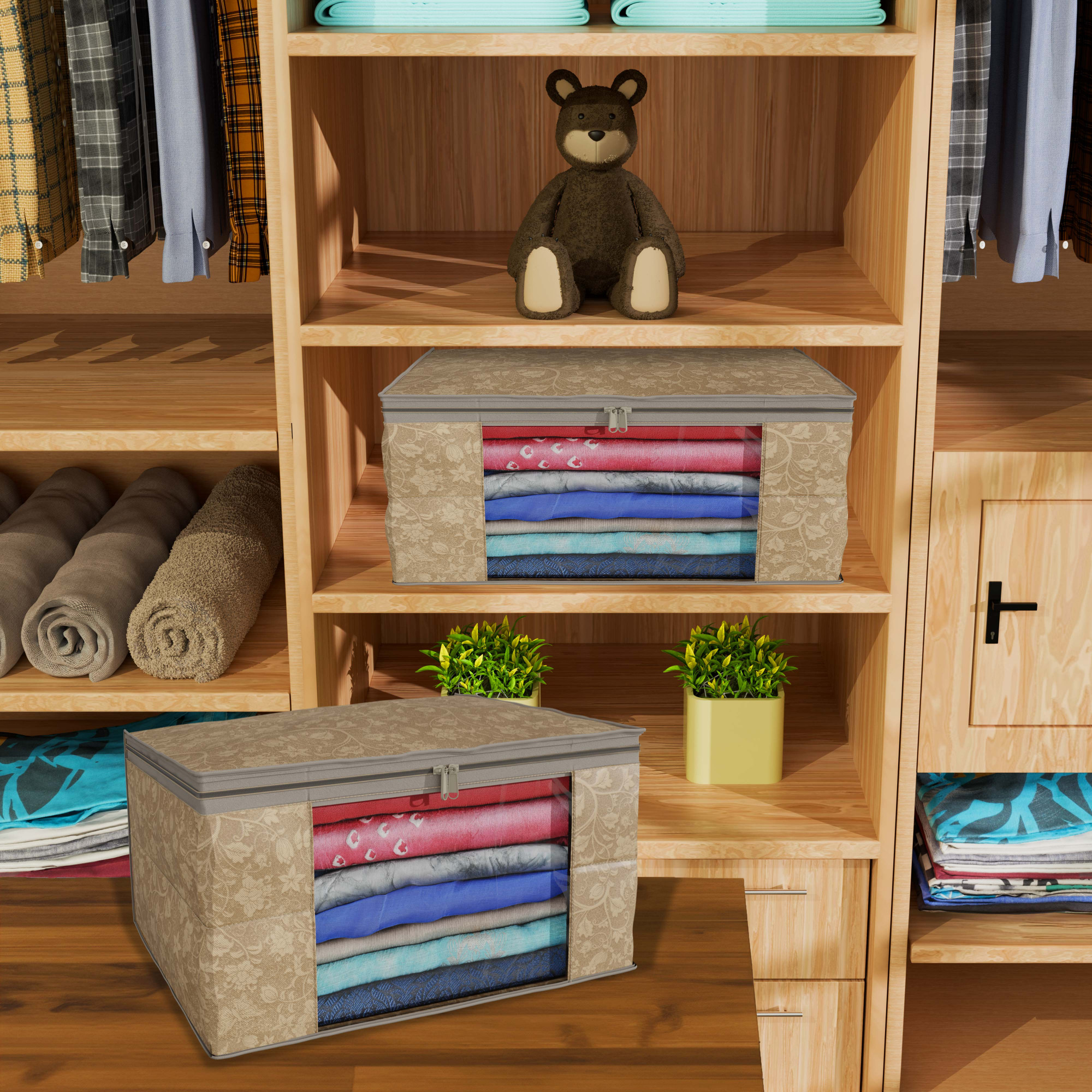 Kuber Industries  Saree Covers  Non-Woven Saree Bags  Clothes Bag for Women  Foldable Storage Bag for Almirah  Wardrobe New Flower Sari Cover Bags  Brown