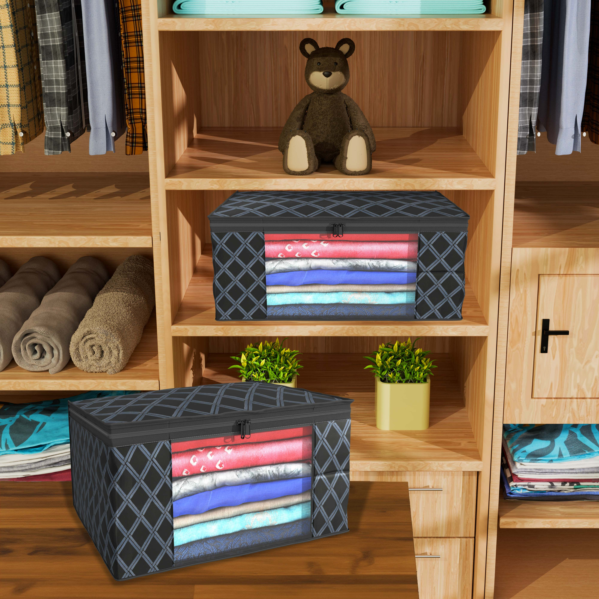 Kuber Industries  Saree Covers  Non-Woven Saree Bags  Clothes Bag for Women  Foldable Storage Bag for Almirah  Wardrobe Check Print Sari Cover Bags  Black