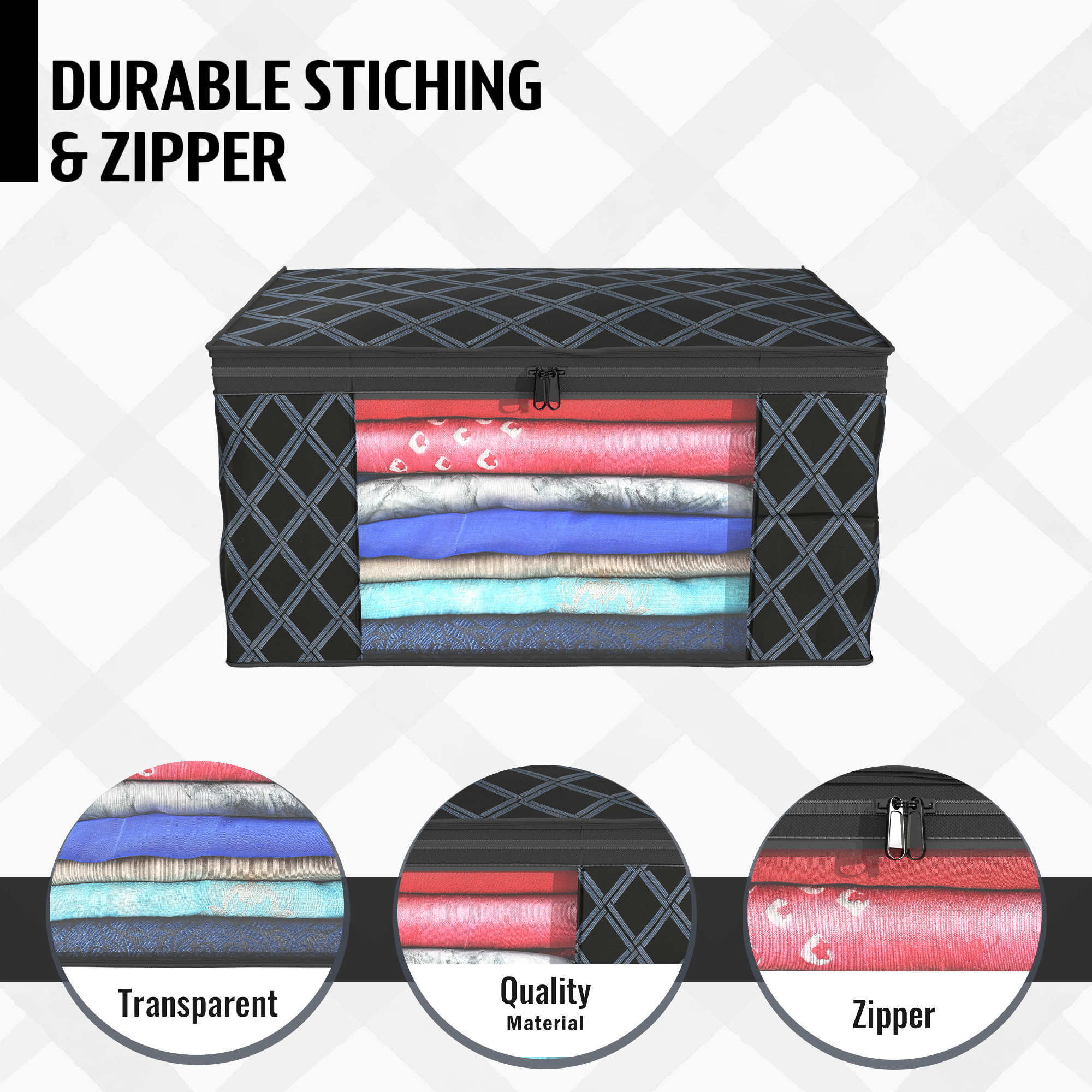 Kuber Industries  Saree Covers  Non-Woven Saree Bags  Clothes Bag for Women  Foldable Storage Bag for Almirah  Wardrobe Check Print Sari Cover Bags  Black