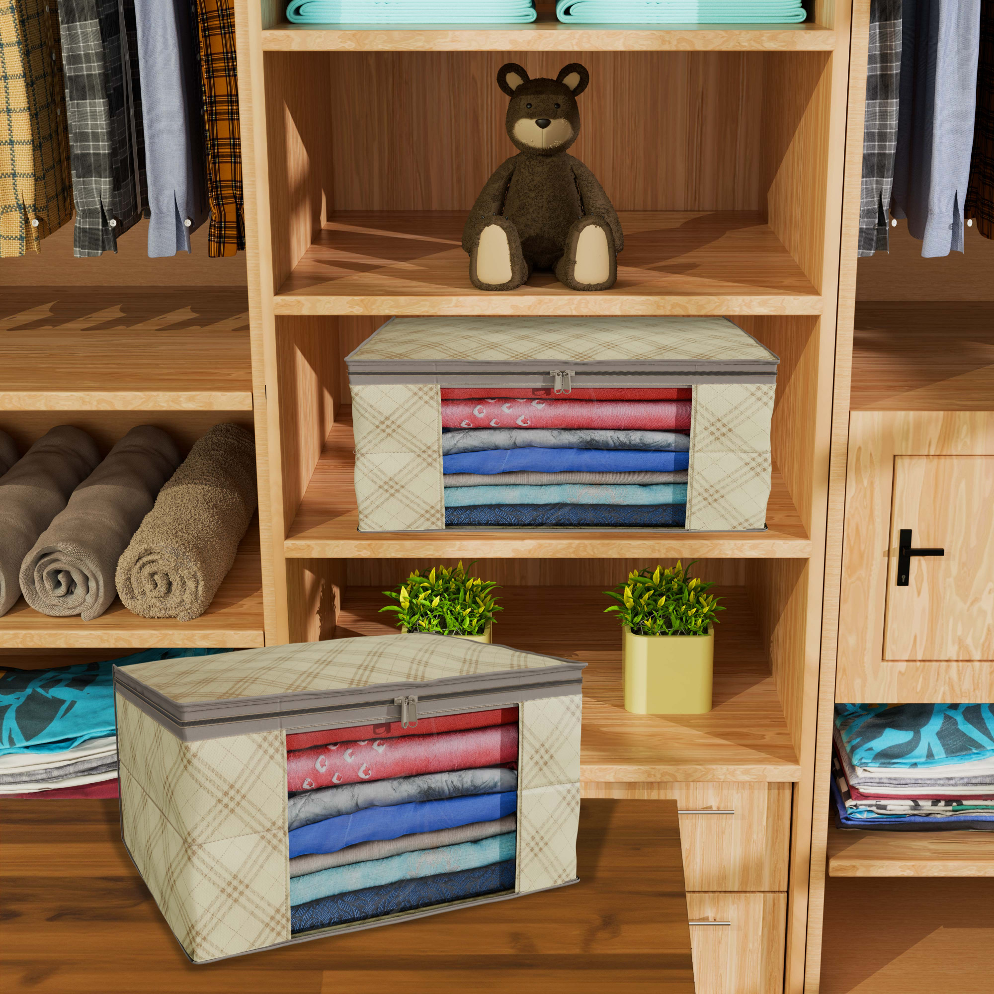 Kuber Industries  Saree Covers  Non-Woven Saree Bags  Clothes Bag for Women  Foldable Storage Bag for Almirah  Wardrobe Check Print Sari Cover Bags  Cream