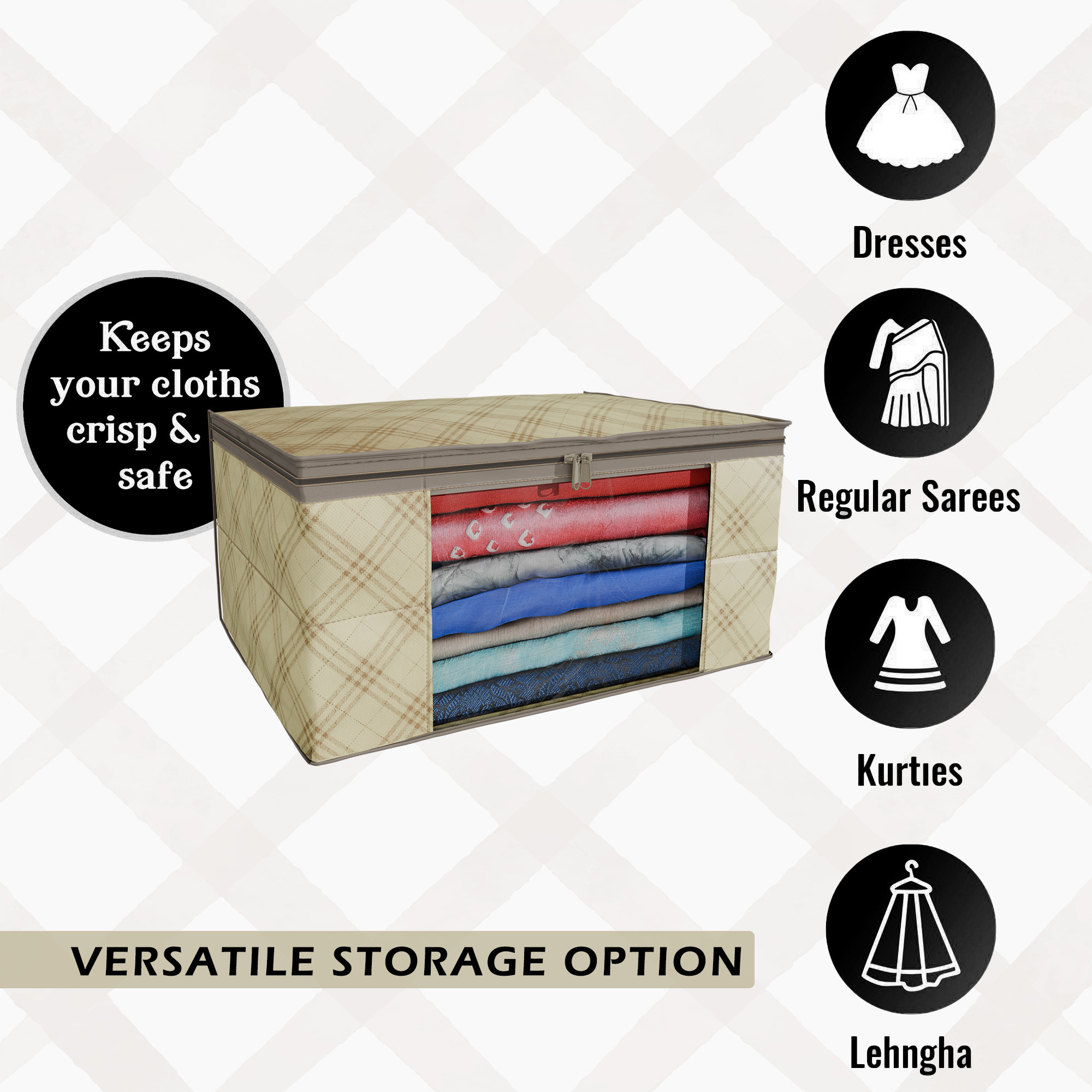 Kuber Industries  Saree Covers  Non-Woven Saree Bags  Clothes Bag for Women  Foldable Storage Bag for Almirah  Wardrobe Check Print Sari Cover Bags  Cream