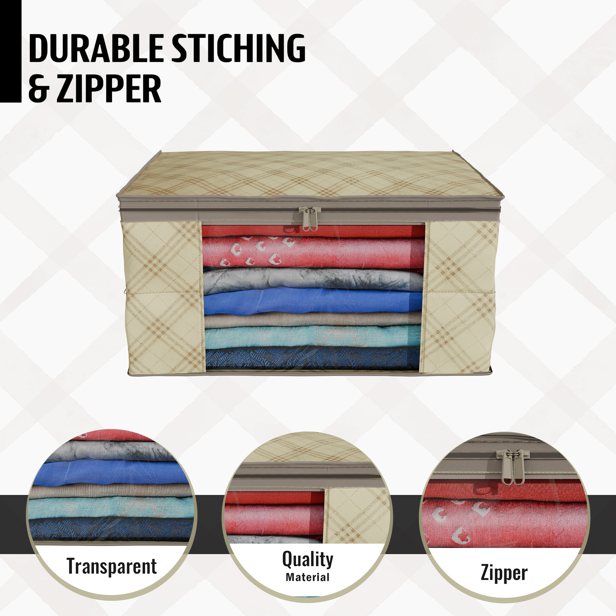 Kuber Industries  Saree Covers  Non-Woven Saree Bags  Clothes Bag for Women  Foldable Storage Bag for Almirah  Wardrobe Check Print Sari Cover Bags  Cream