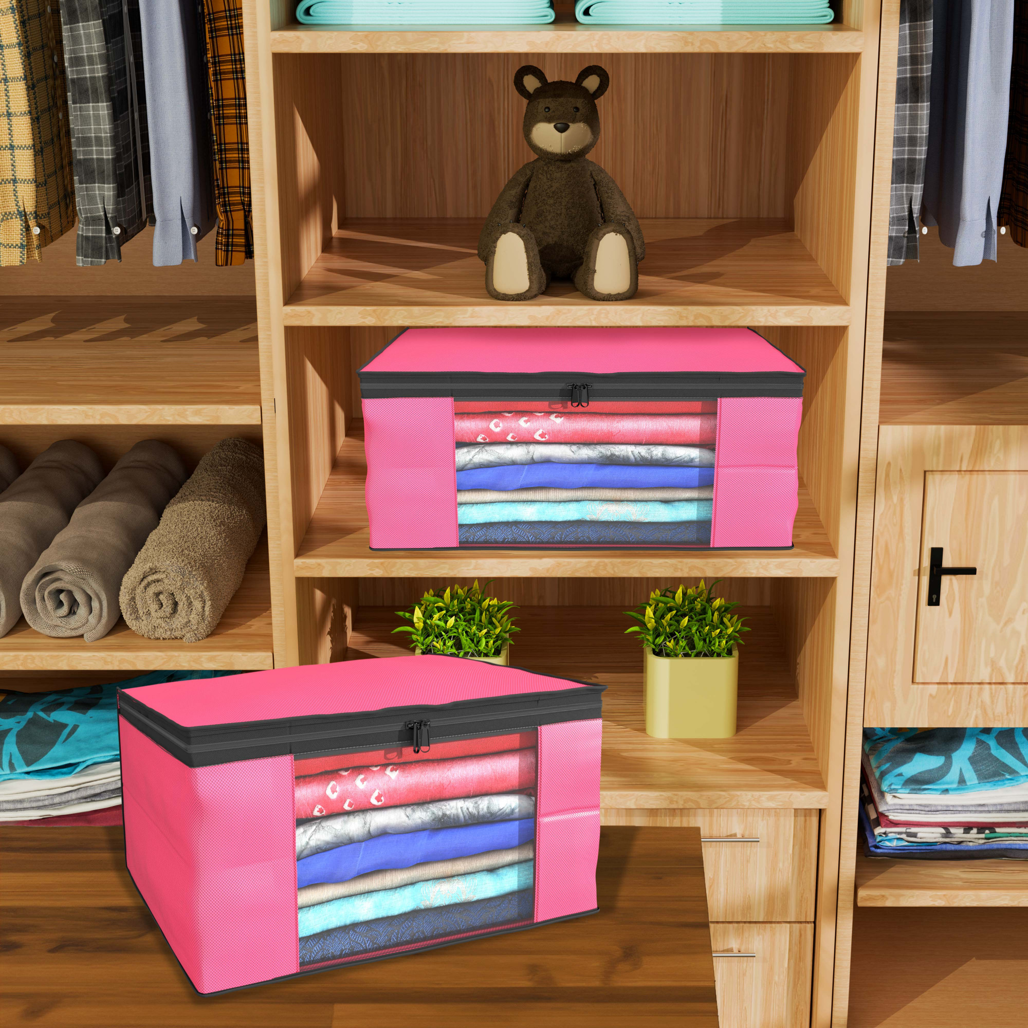 Kuber Industries  Saree Covers  Non-Woven Saree Bags  Clothes Bag for Women  Foldable Storage Bag for Almirah  Wardrobe Black Piping Sari Cover Bags  Pink