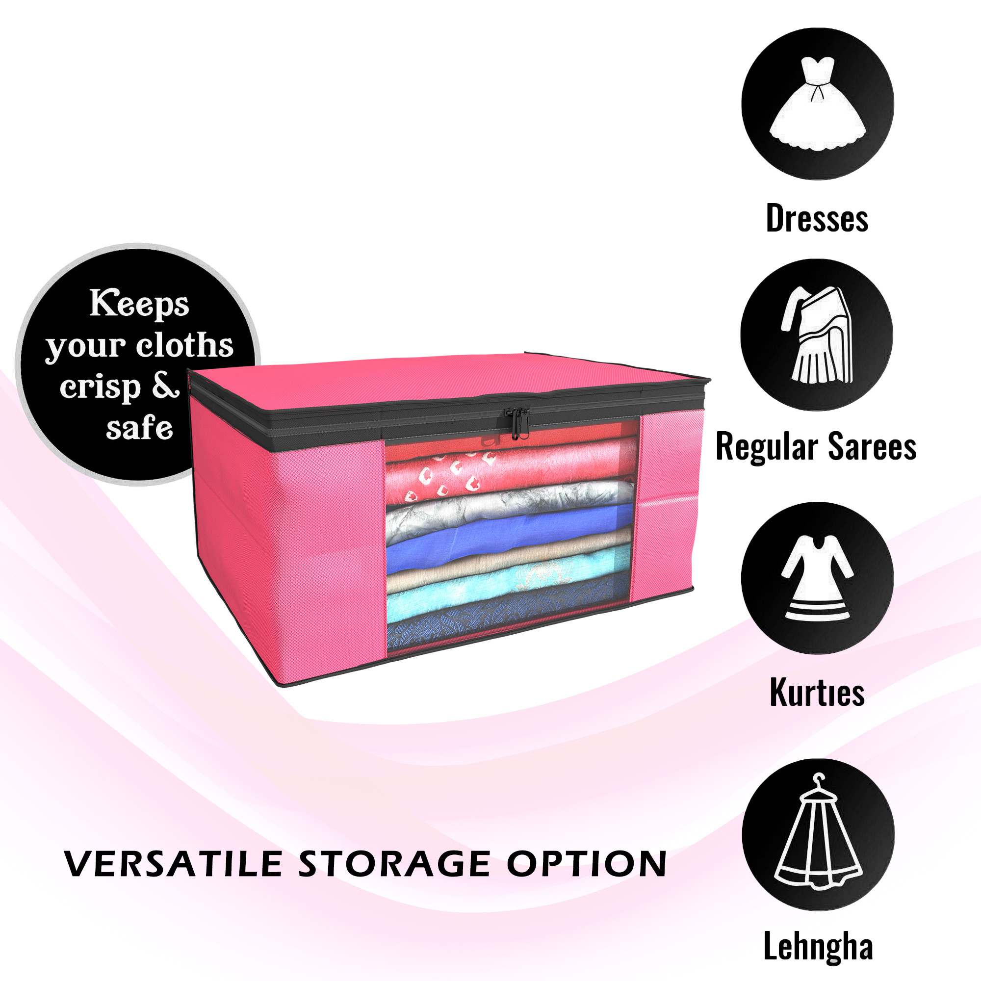 Kuber Industries  Saree Covers  Non-Woven Saree Bags  Clothes Bag for Women  Foldable Storage Bag for Almirah  Wardrobe Black Piping Sari Cover Bags  Pink